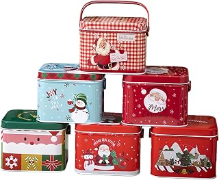 Holiday Cookie Tins, 6-Piece Metal Tin Set With Handle; Empty Candy Storage Tinplate Containers For Holiday, Birthday, New Year, Party Favors, Candy, Cake, Crafts, Chocolate, Jewelry Packaging