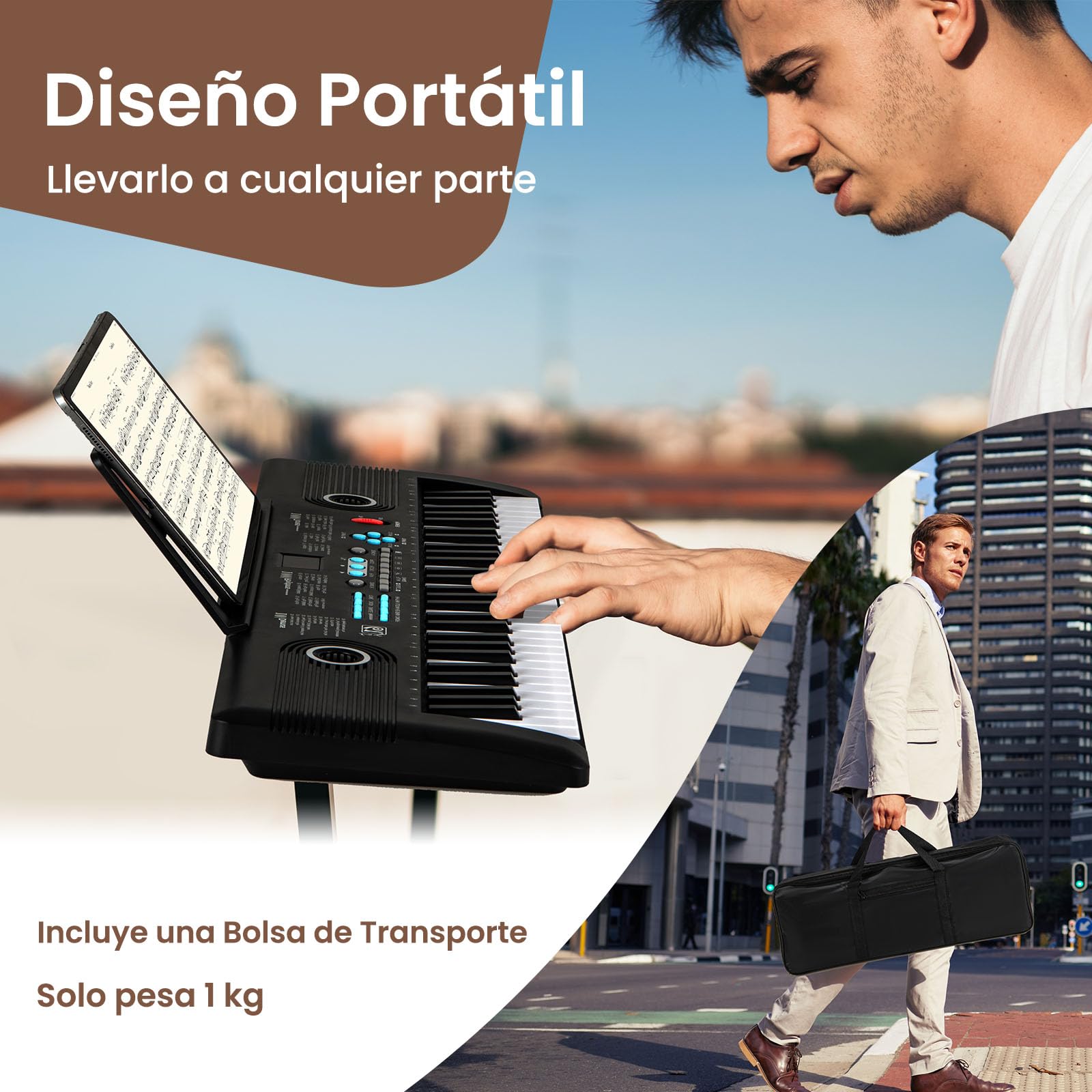 COSTWAY Piano Digital 61 Teclas, Teclado Piano Eléctrico Portátil con Soporte para Música, Micrófono, Pegatinas de Notas y Bolsa de Transporte para Niños y Adultos (Negro)