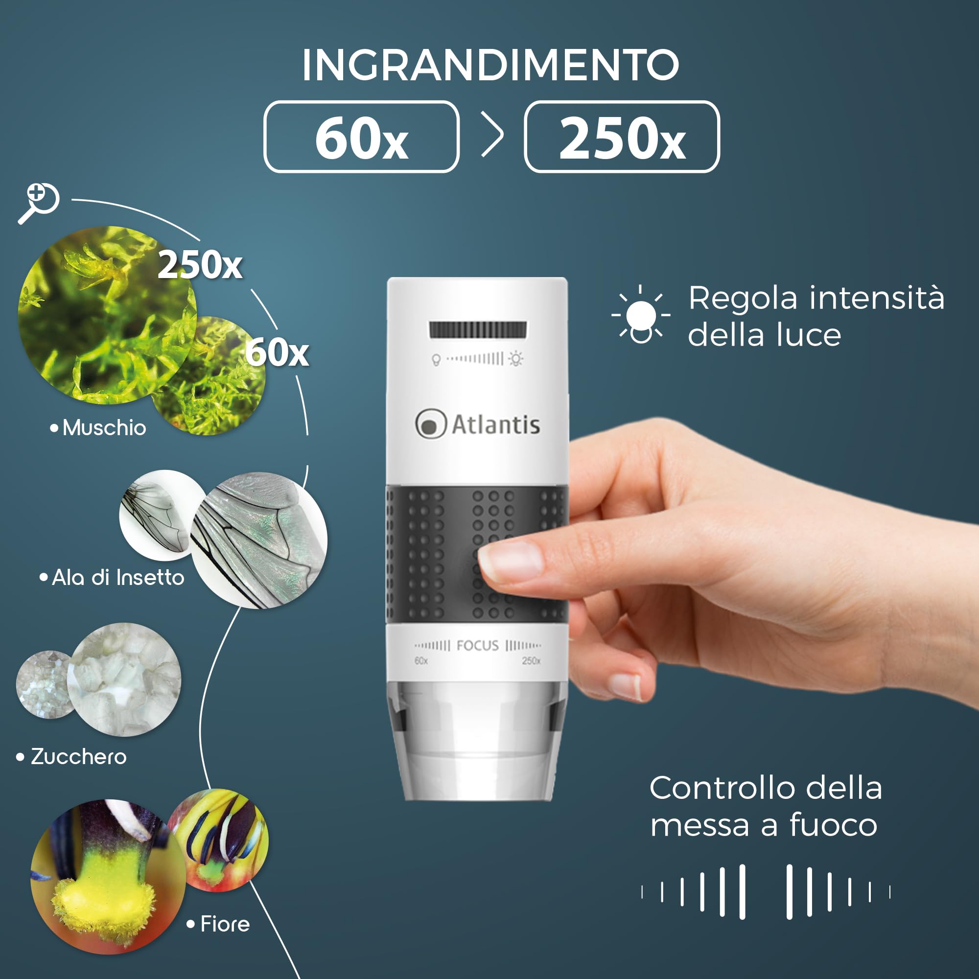 Microscopio Digitale USB Magnificatore Ingranditore Atlantis E45-MS725, Risoluzione UXGA 1600x1200. Doppio fuoco, ingrandimento 60x e 250x. Regolazione millimetrica altezza e lunghezza, PC,MAC Android