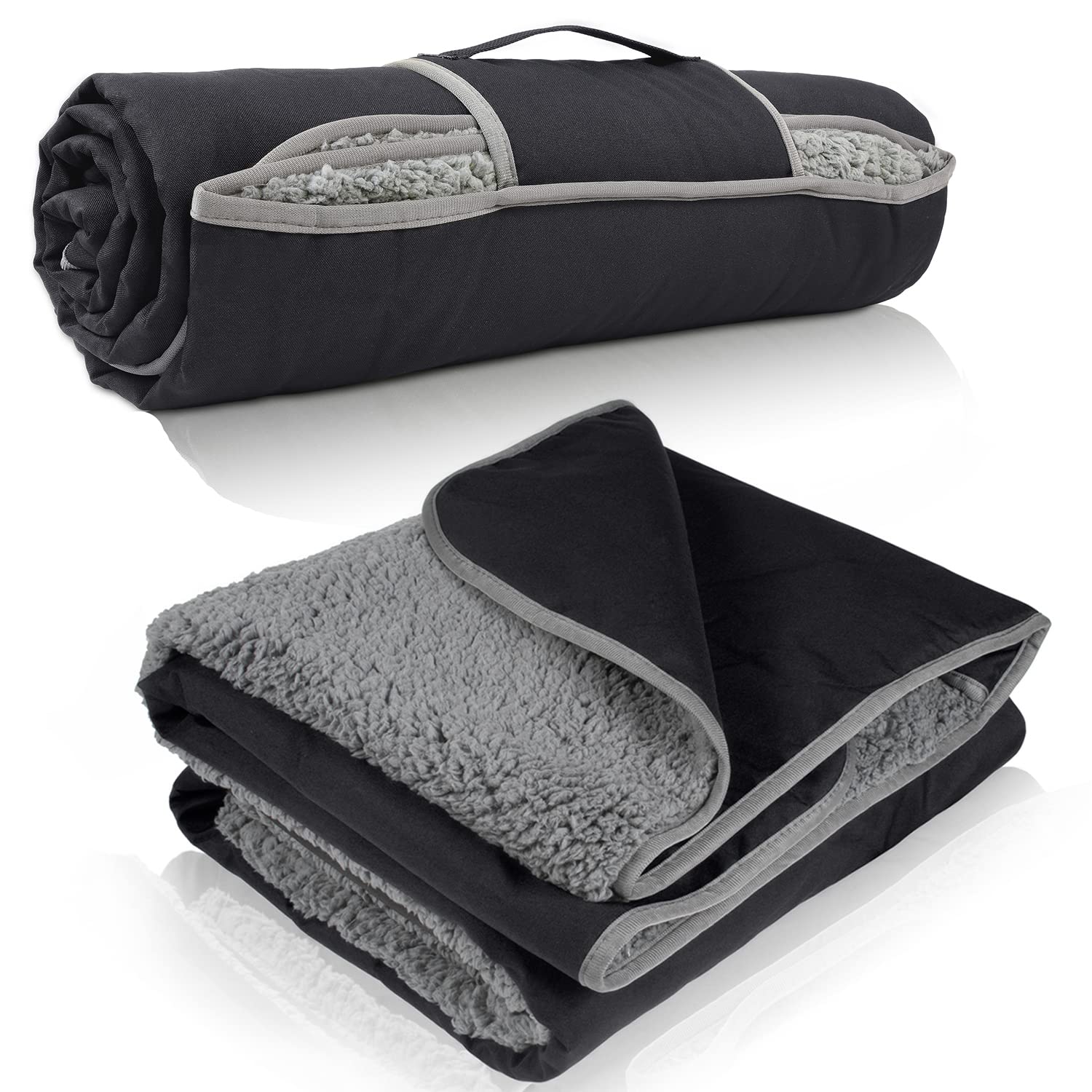 Kato Tirrinia Black Warm Waterproof Outdoor Blanket With Sherpa, Windproof Camping Travel Blankets, Foldable Picnic Blanket For Stadium, Grass, Car, Hiking, Road Trip, 130 X 150 Cm