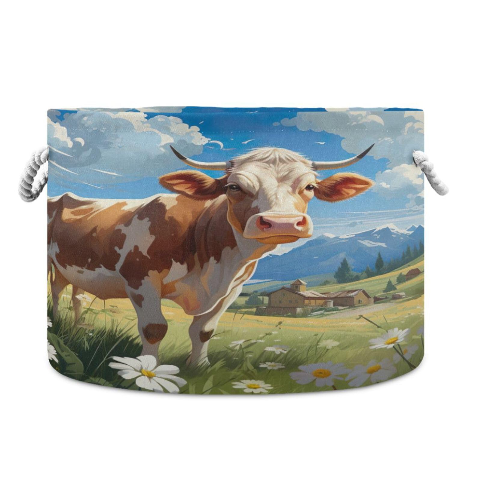 Round Cute Farm Cow Storage Basket Large Organizer Bin Laundry Hamper Toy Storage Basket with Handle for Nursery Clothes Toys 202b4914