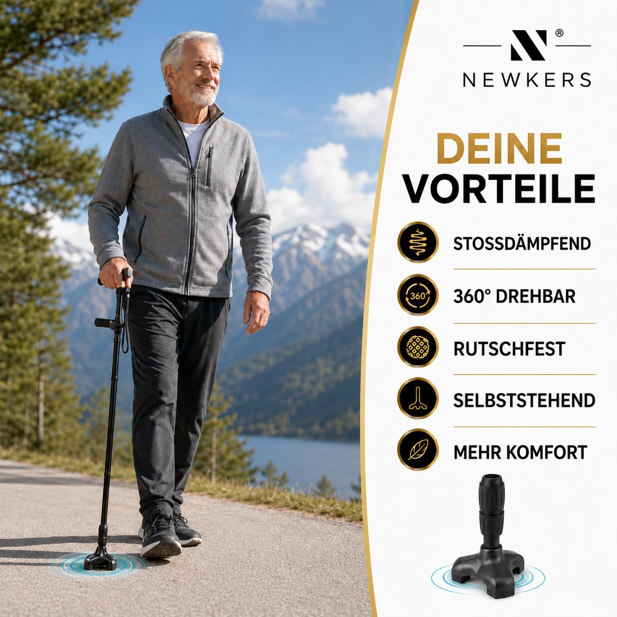 Pie de punta universal que absorbe los golpes – Tri-pie estable para bastones de 3/4" y 5/8", punta de repuesto antideslizante de 3 puntos con rotación de 360° para una muñeca suave