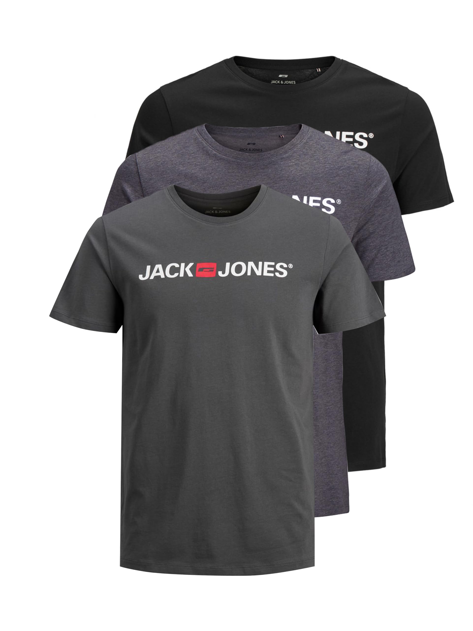 Jack & Jones Packung mit 2 T-Shirts in Übergröße, Rundhalsausschnitt, Druck, Design Logo Oversize, 3er Pack (Asphalt, Dunkelgrau Melange, Schwarz), X-Small