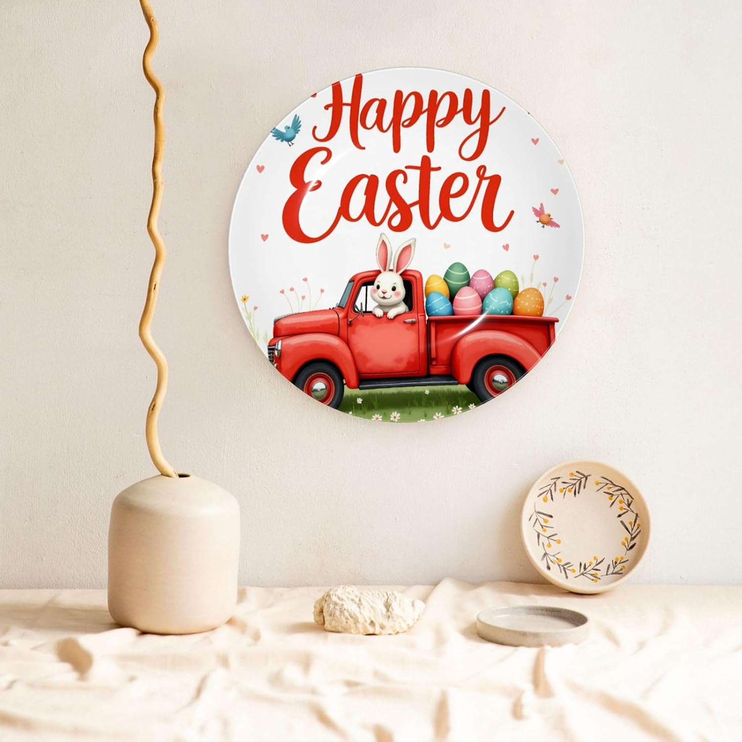 Easter Graphic Style Ceramic Plate Display Decorative Plate With Stand Wall Hanging Plate For Home Decor 10 Inch