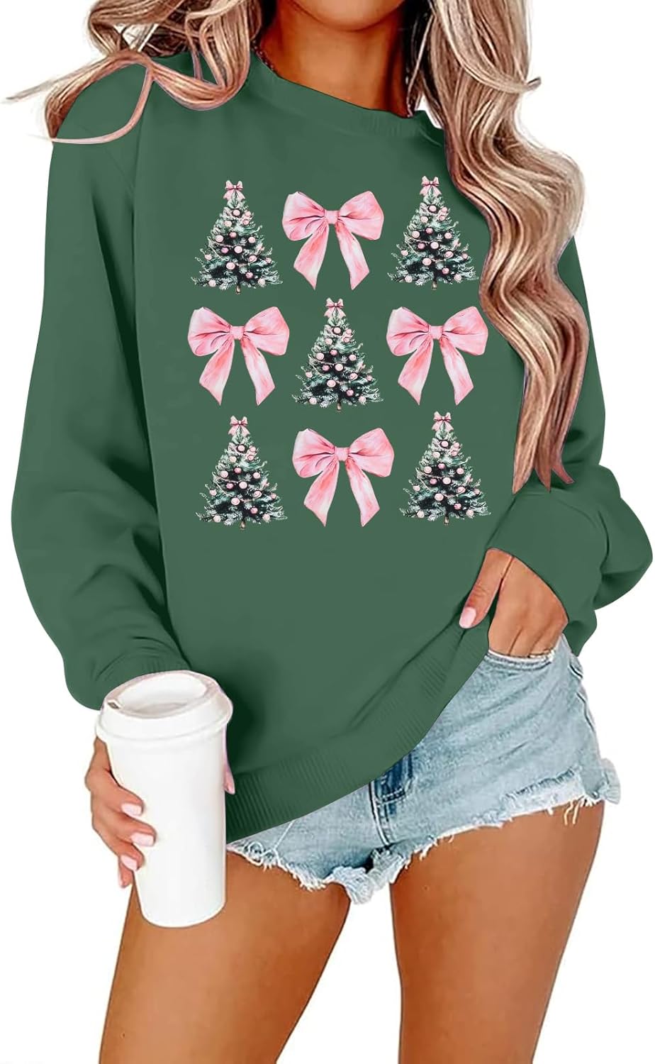 ASTANFY Christmas Tree Sweatshirts Women Christmas Coquette Bow Graphic Pullover Holiday Long Sleeve Tee Tops