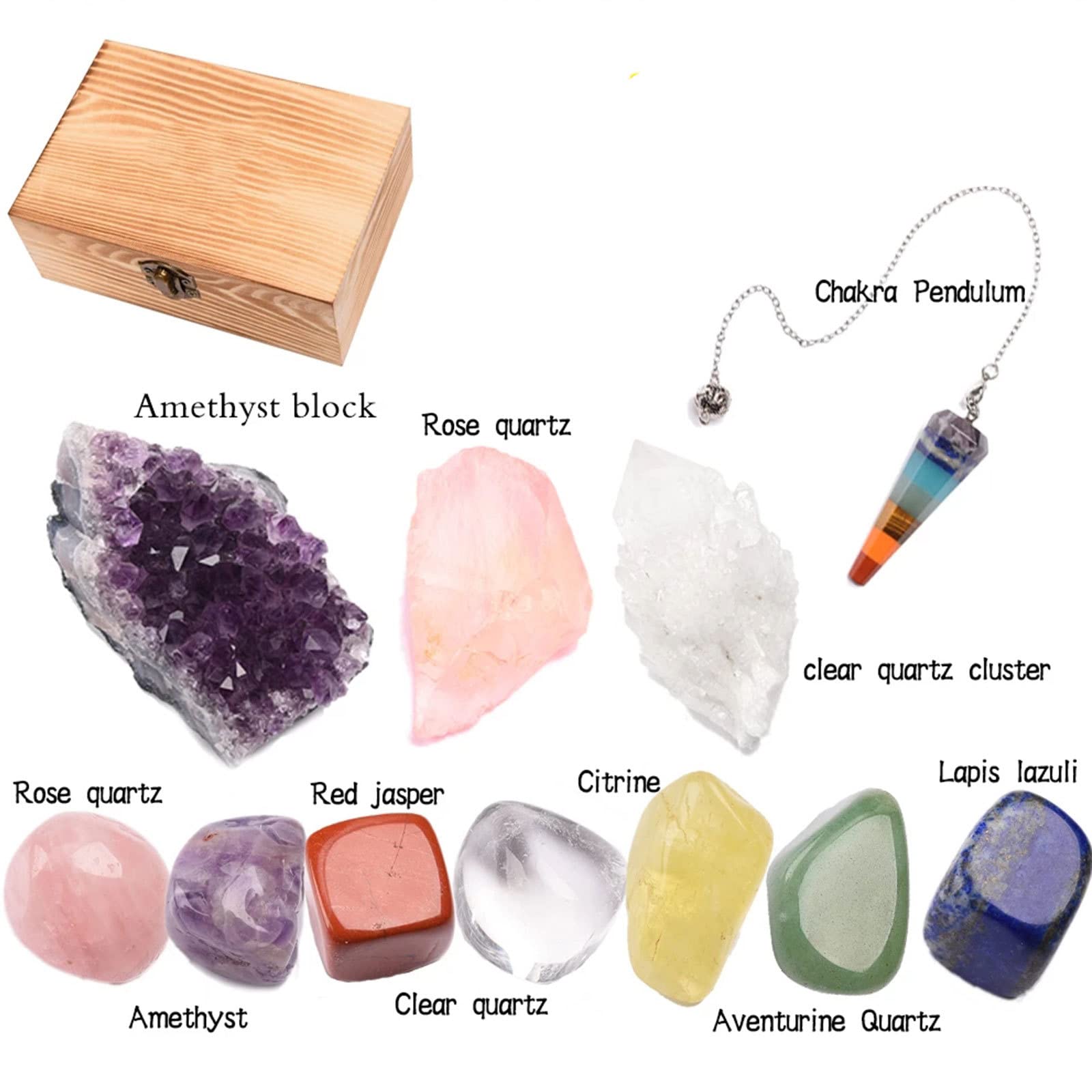 11-teiliges Heilkristall-Set, Chakra-Kristalle-Set, Amethyst-Cluster/Chakra-Pendel/Klarer Quarz-Cluster/Rosenquarz/Chakren-Trommelsteine ​​in Geschenkbox aus Holz, Heilung und Meditation