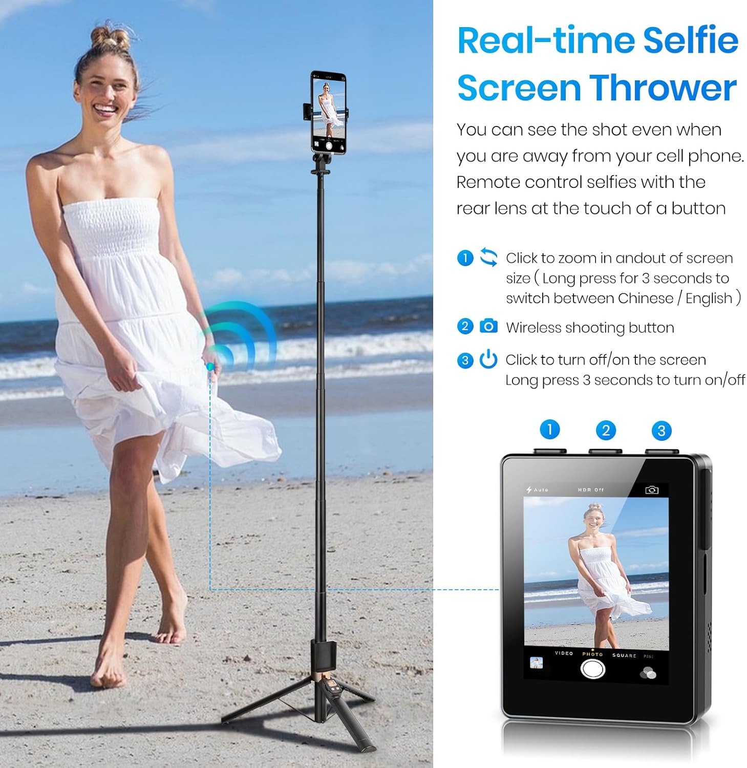 Universal Real-Time Back Camera Monitor for iPhone & Android, Vlog Selfie Monitor Screen for iPhone, No App Needed, 1080P HD Screen for Live Streaming TikTok YouTube