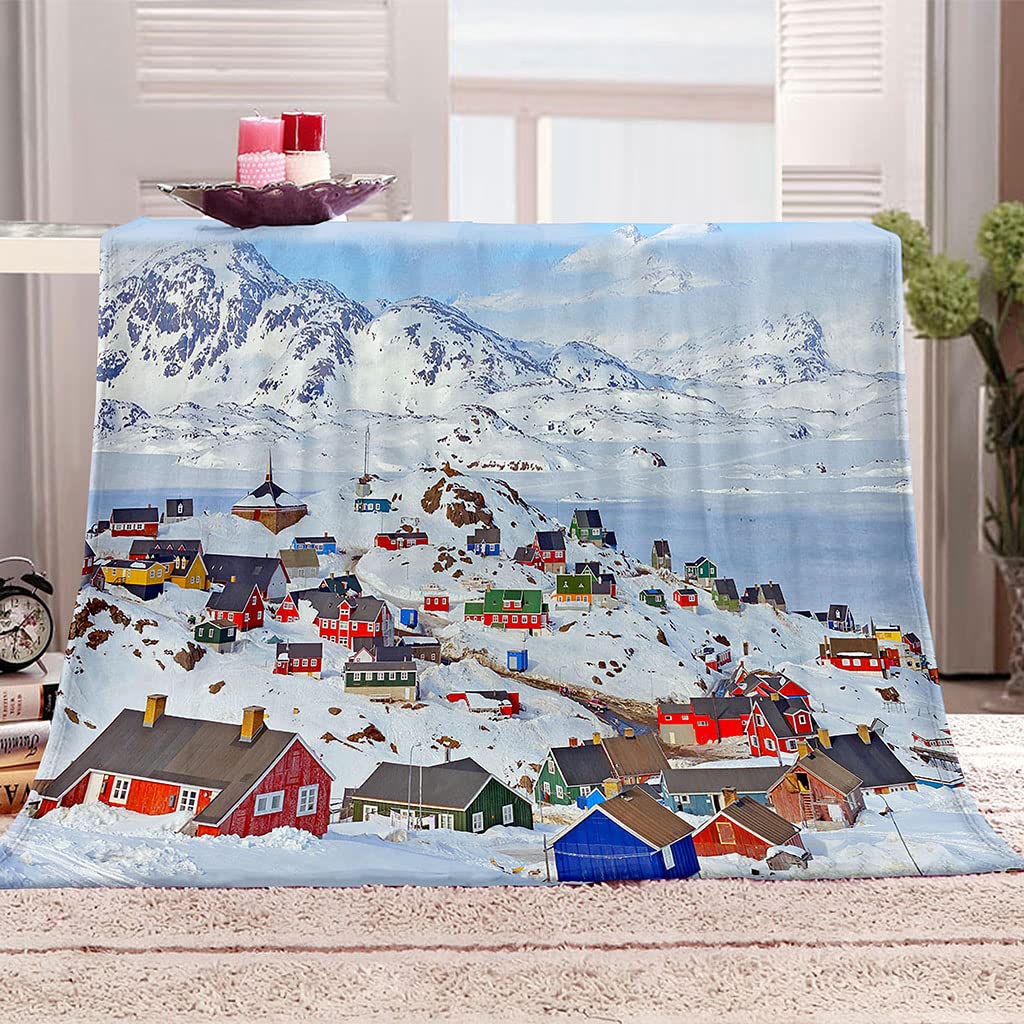 Manta De Franela De Microfibra 150X200Cm Manta De Felpa Suave para Sofá Cama 3D Casa Blanca Escena De Nieve Impresión Patrón Manta Polar Invierno Gruesa Y Esponjosa Caliente Transpirable
