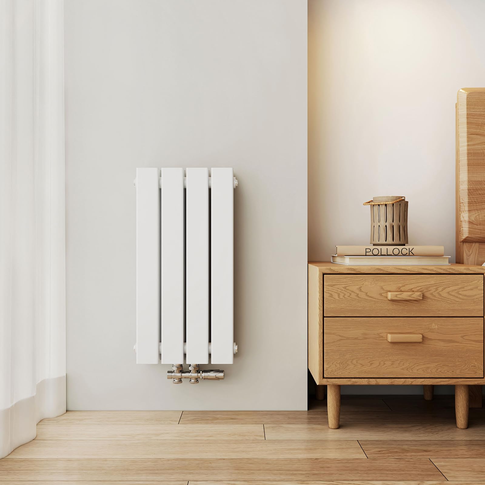 EMKE Radiador Pequeño Vertical 600x300 mm, Plano Estrecho para Baño, Conexión Central, Doble Panel, 327 Vatios, Blanco