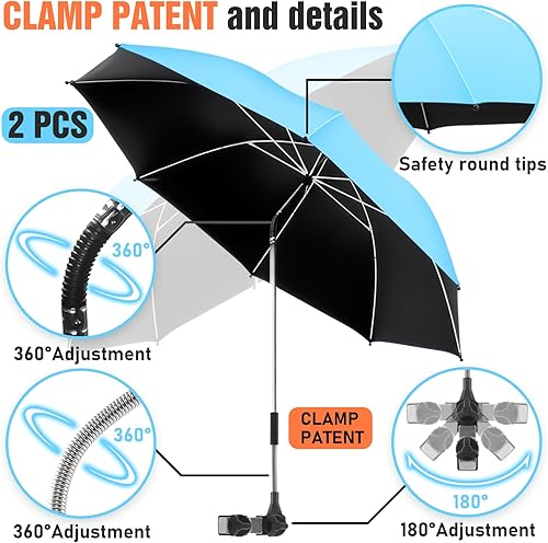 Miniatura 3 de Paquete de 2 paraguas de playa con abrazadera, paraguas ajustable de 360 para silla, paraguas UPF50+ para silla de playa, silla de patio, silla de