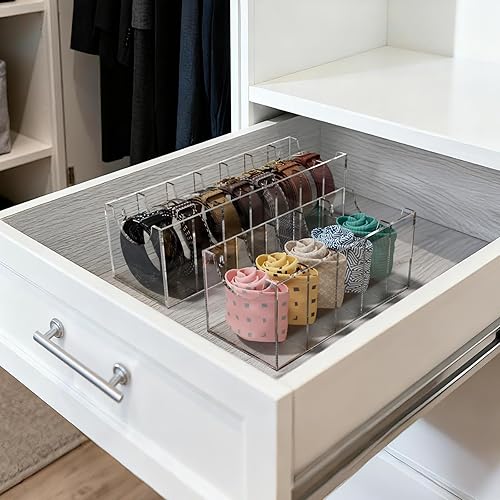 Miniatura 4 de FEMELI Organizador de cinturón, soporte de almacenamiento de contenedores de acrílico con 7 compartimentos, vitrina transparente para corbata