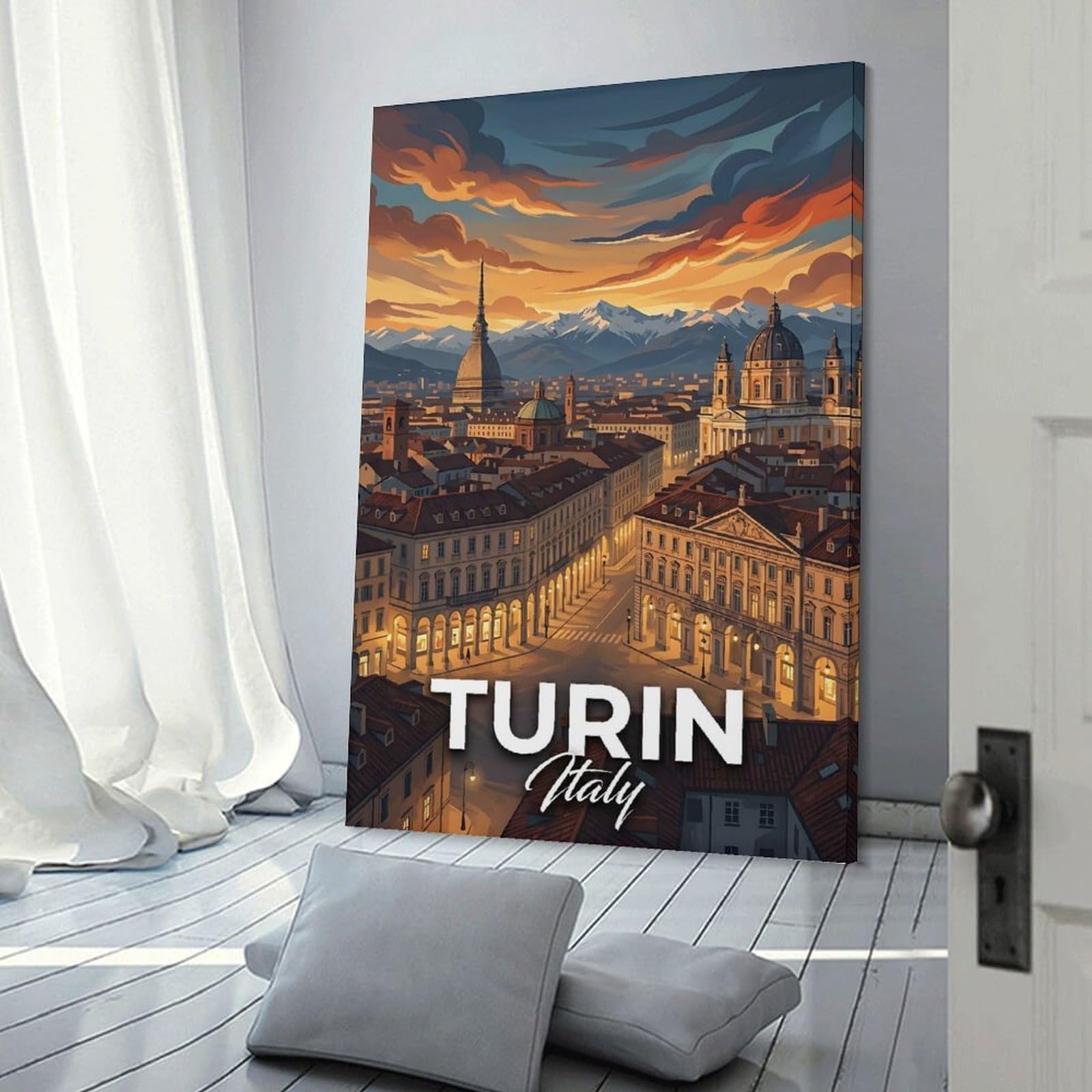 Junmoney Canvas Wall Art Turin Italy Cityscape at Sunset, 12x18inch(30x45cm), for Corridors, Hallways Or Apartment Entries, Decorative Canvas Styling for Entry Areas
