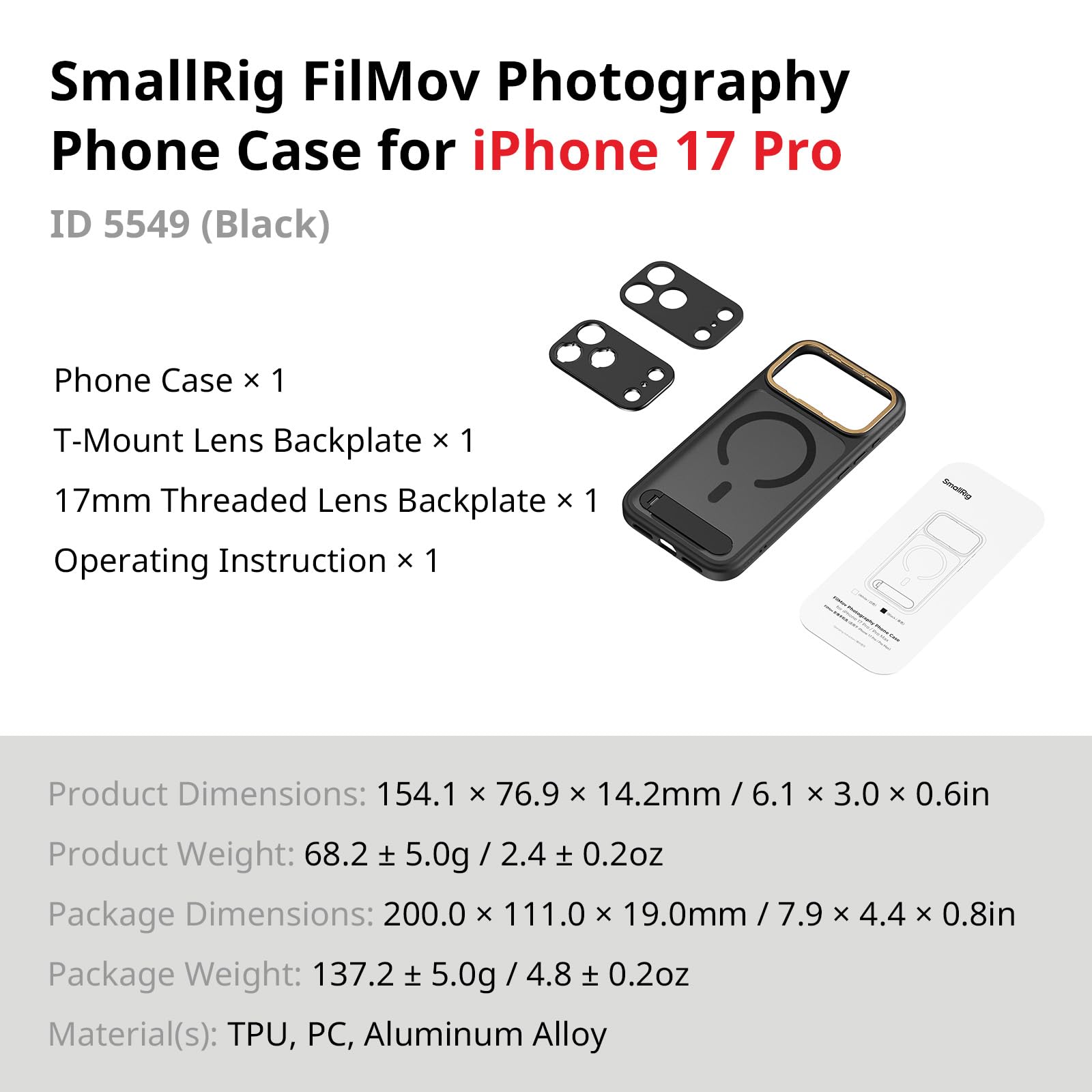 SMALLRIG Kit de Coques FilMov pour iPhone 17 Pro, Coque Magnétique avec Béquille Réglable, Plaque Arrière pour Objectif, Support MagSafe, Stabilisateur pour Téléphone pour DJI, Insta360, Noir - 5549