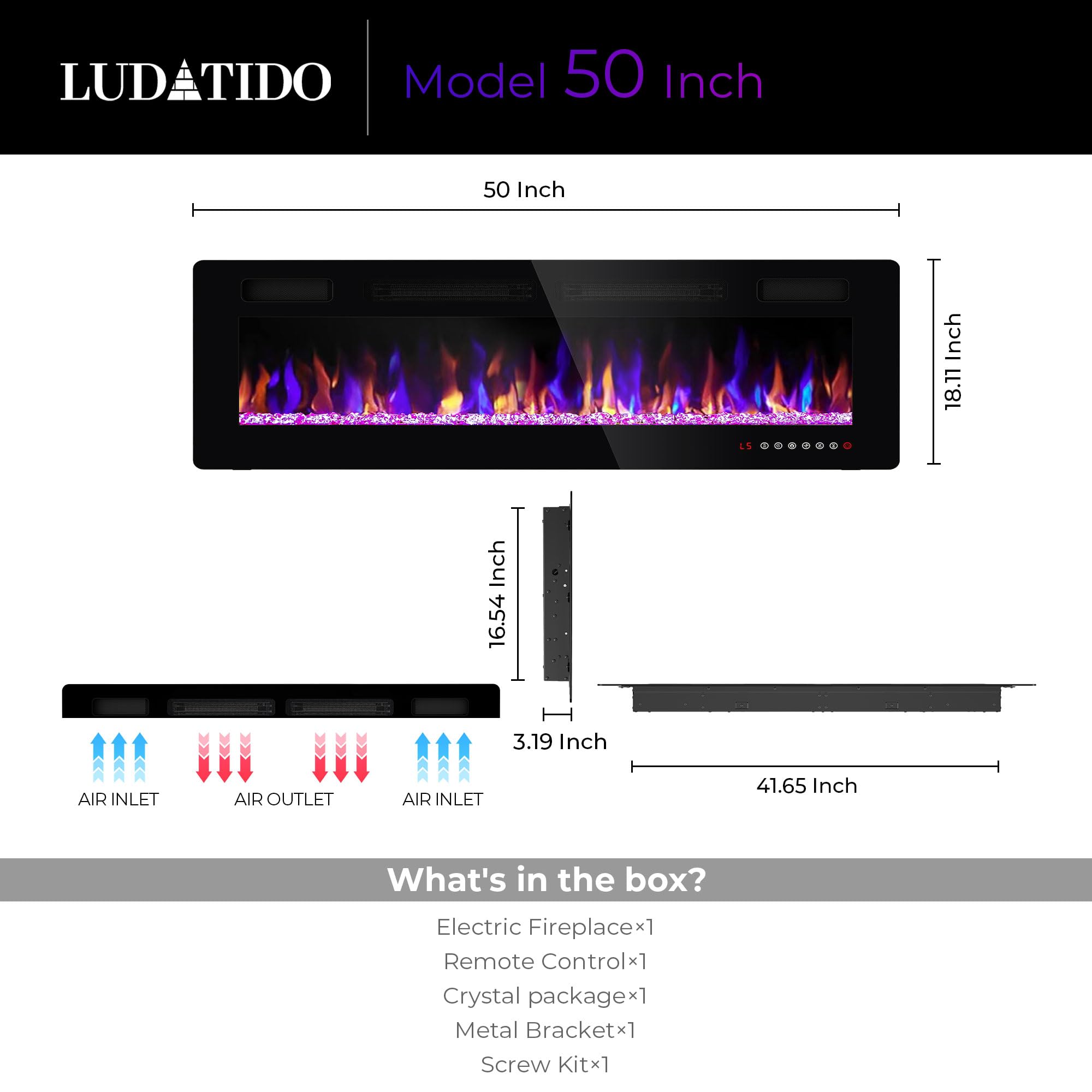 Ludatido 50 Inch Electric Fireplace Wall Mounted/Recessed,750W/1500W Ultra Thin Wall Mounted Fireplace, Multicolor Flame with Timer/Speed/Remote Control/Touch Screen-(Slim)