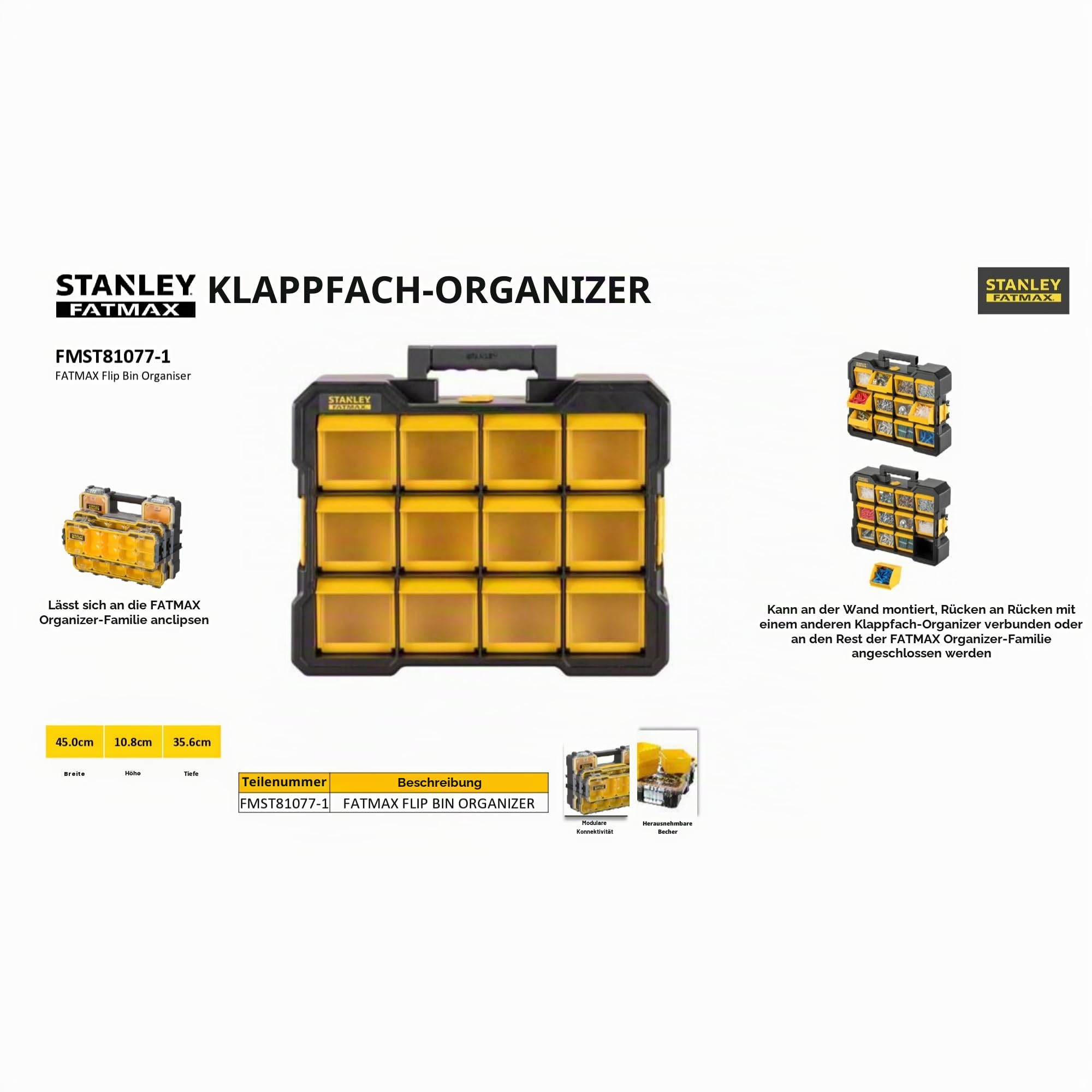 Stanley Fmst81077-1 Flip Bin Organizer FatMax® Große, weite Basis- Kippbare und abnehmbare Eimer - Transparente Deckel - Tragegriff - Seitliche Aufsätze zum Zusammenbau mehrerer Teile.