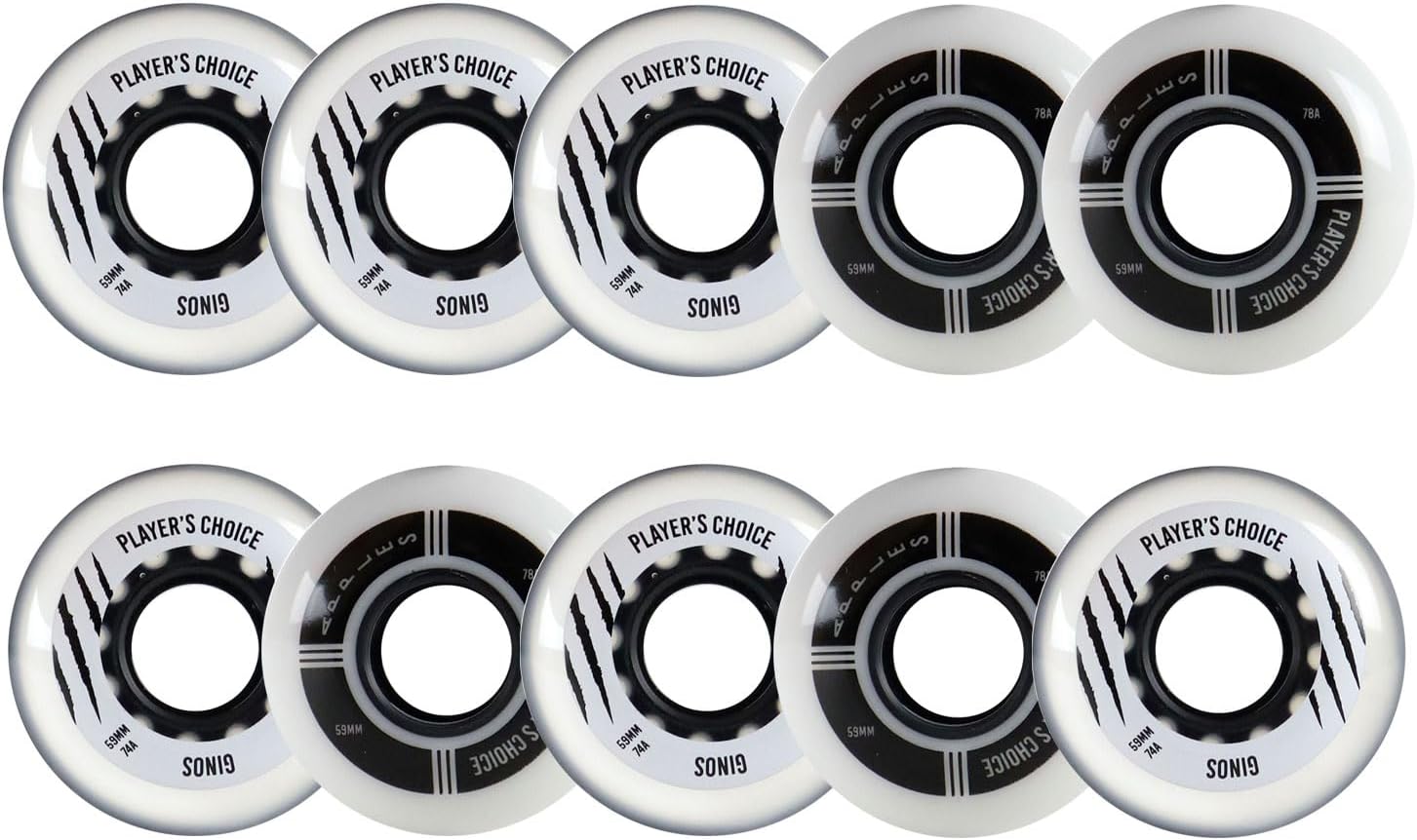 Player's Choice Indoor Roller Hockey Goalie Wheels 10-Pack - 59mm Dual-Pour Super High Rebound Urethane - for Inline Goalie Skates - Extra Soft 74A (6) + Medium 78A (4) Concept