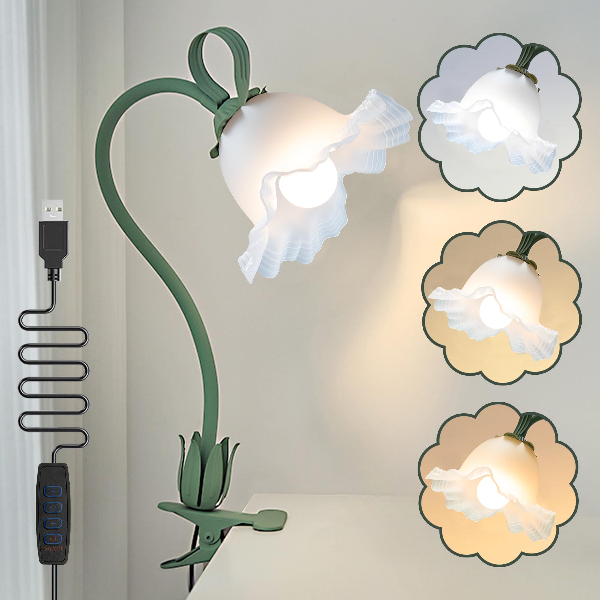 Lámpara de escritorio de flores con clip, luz LED de lectura para el cuidado de los ojos con 3 modos de color, cuello de cisne flexible con clip en la mesita de noche para camas, cabecero, mesa