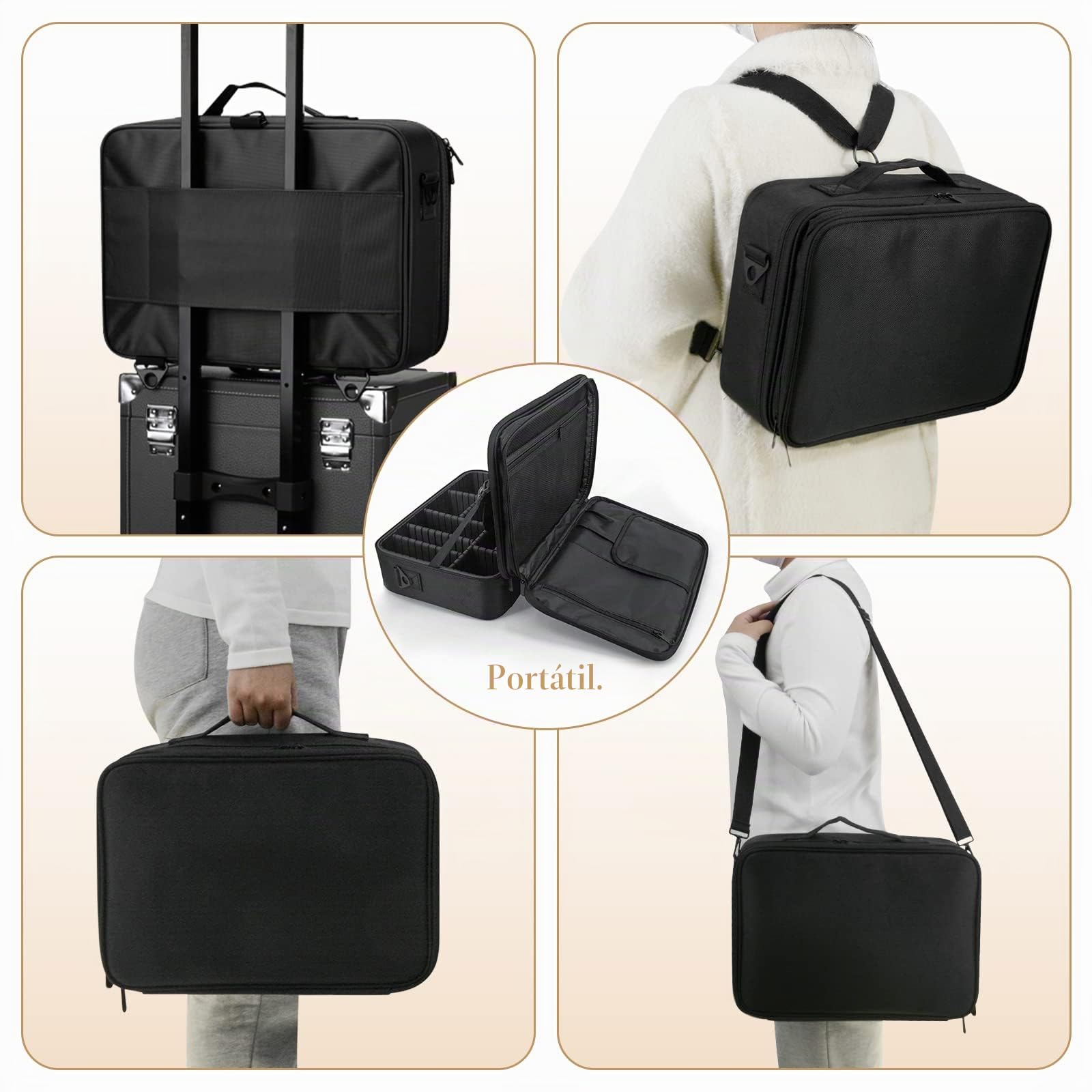 Neceser Maquillaje Maletin Organizador Mujer: Kit de Maquillaje Maleta Neceser Ligera - Bolsa Profesional de Cosméticos Viaje Portable con Divisiones Extraíbles & Bandolera