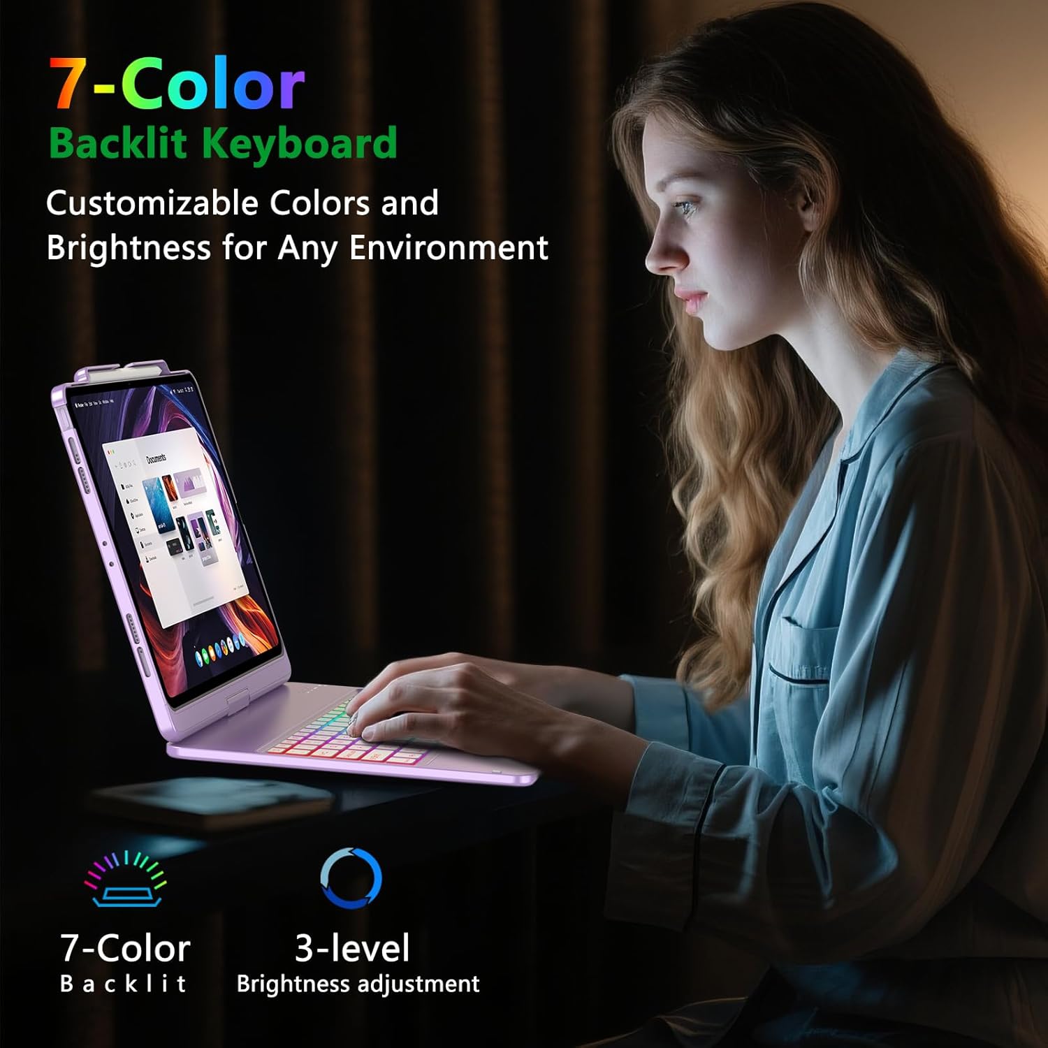 TQQ iPad Pro 13-inch Case with Keyboard (M5 2025 / M4 2024), iPad Pro 13 Keyboard Case with Pencil Holder, Multi-Touch Trackpad, 360° Rotatable, 7-Color Backlit, Thin & Light (Purple)