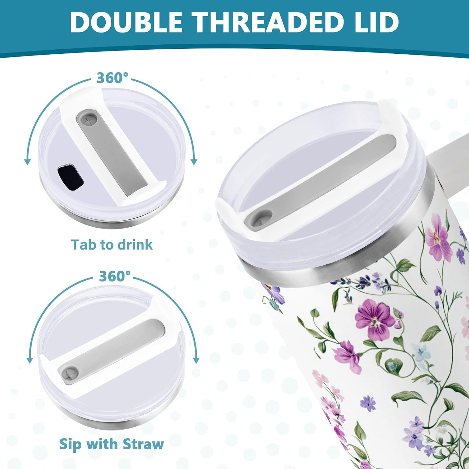 ALAZA Cute Flowers 40 oz Tumbler Water Bottle with Straw Lid and Handle,Reusable Insulated Stainless Steel Cup for Women Men Travel Car Cup Holder