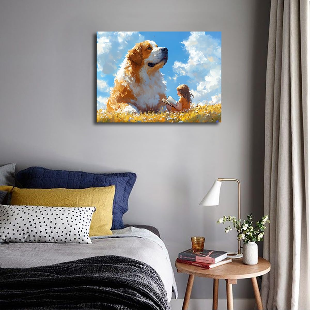 TOANGWALL Carina tela per cani Stampe murali Libro incorniciato di una bambina da sogno Libri di lettura Fiori di prato Illustrati da libro di fiabe Mural per bambini Arredamento della stanza 50x60cm