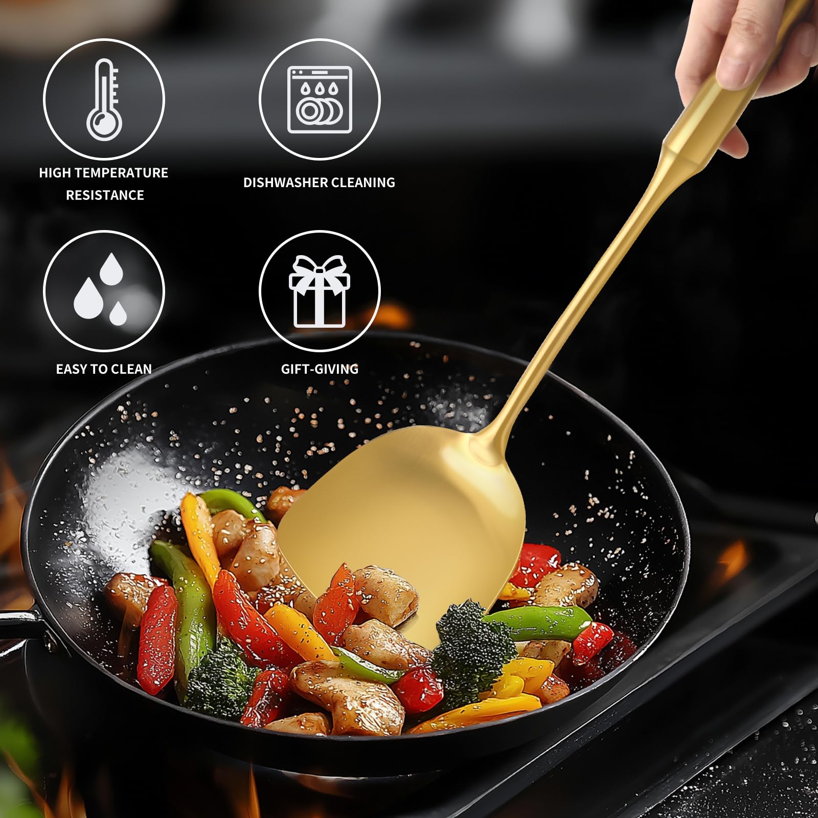 Set di utensili da cucina in acciaio inox 304, 9 pezzi, schiumarola, mestolo da zuppa, paletta per spaghetti, spatola wok, cucchiaio scanalato e solido, spatola scanalata, forchetta per carne e