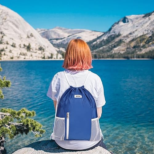 Miniatura 6 de WANDF - Mochila con cordón para deportes y gimnasio, bolsa de cordón con bolsillos de malla, resistente al agua, para mujeres y hombres, Azul