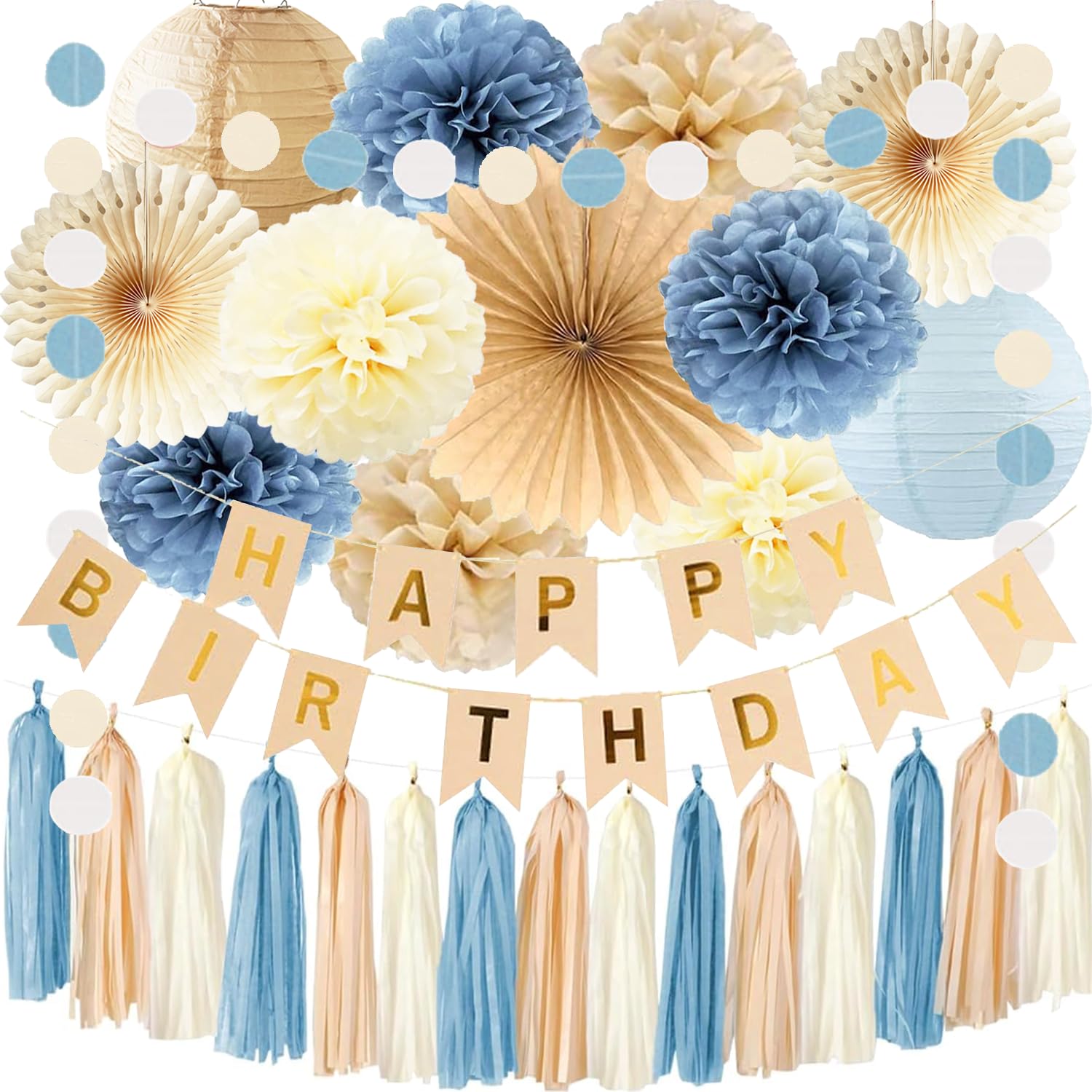 Dusty Blue Beige Champagne Birthday Decoration for Women Girl Boy Boho Neutral Happy Banner Tissue Pom Poms Paper Lanterns Fans Tassel Garlands Wedding Baby Shower Blue Birthday Party Decorations