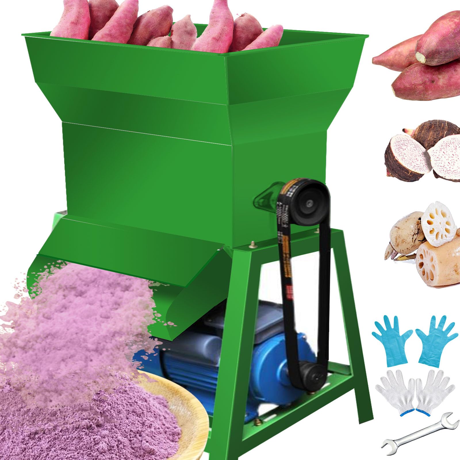 TXMACHINE® Electric Grinder,300-400kg/h food Mill automatic Cassava grinder Machine for Potato Fresh Lotus Root with 2 gloves 1 wrench (1.5KW green grinder, 220V/50HZ)