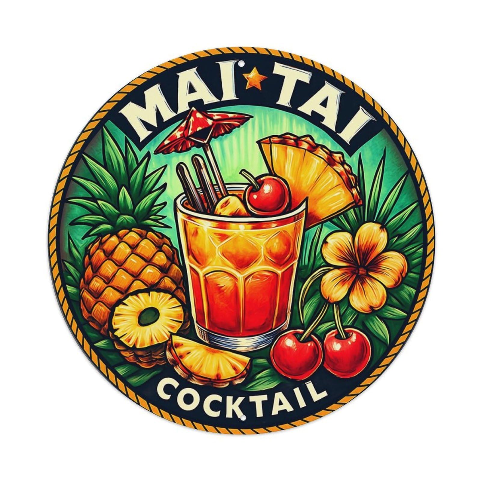 Tropical Cocktail Pineapple Cherry Umbrella Round Metal Tin Sign Vintage Wall Decor, Bar Garage Cafe Kitchen Home Wall Art Poster 8x8inches