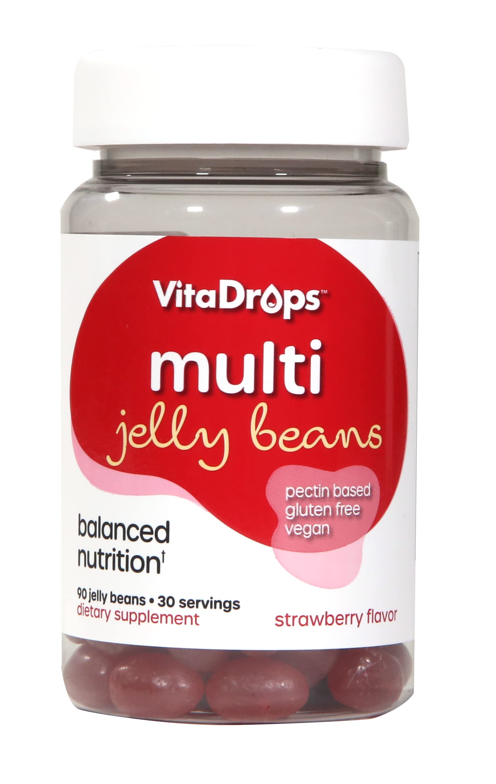 Multivitamin Jelly Beans, Women & Men, Source of Vitamin A C D E B-3 B-6 & Biotin, Supports Immune System, Pectin Based, Vegan & Gluten Free, Strawberry Flavor, 90 Jelly Beans, 30 Servings