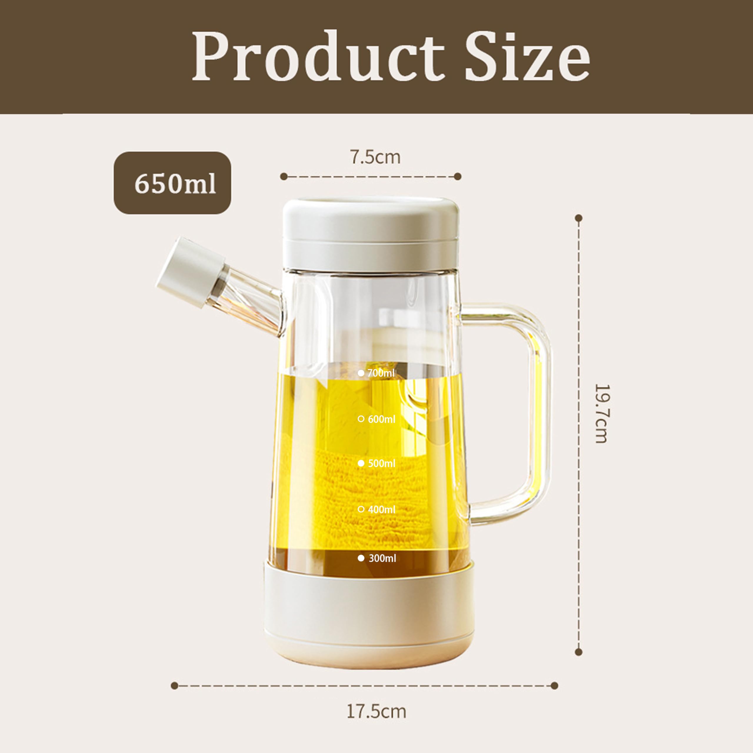 Bottiglia di olio in vetro, 650 ml, erogatore di olio con doppio anello, design a riflusso e bottiglia di olio d'oliva antigoccia, con manico e scala per casa, cucina, versare olio, aceto di
