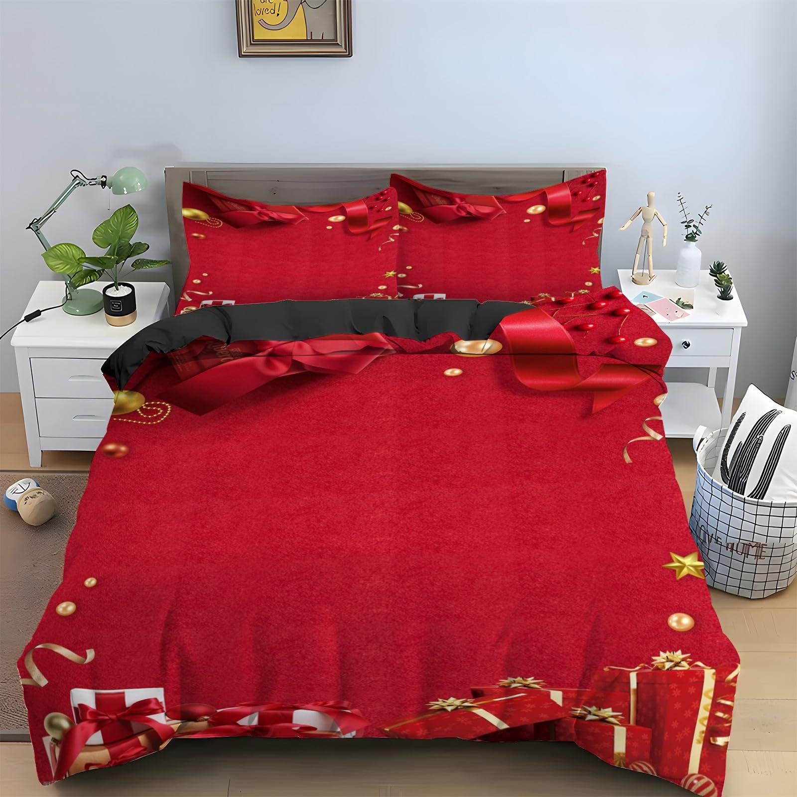Ensemble de literie 3 pièces rouge 220x240 lavable et anti-plis