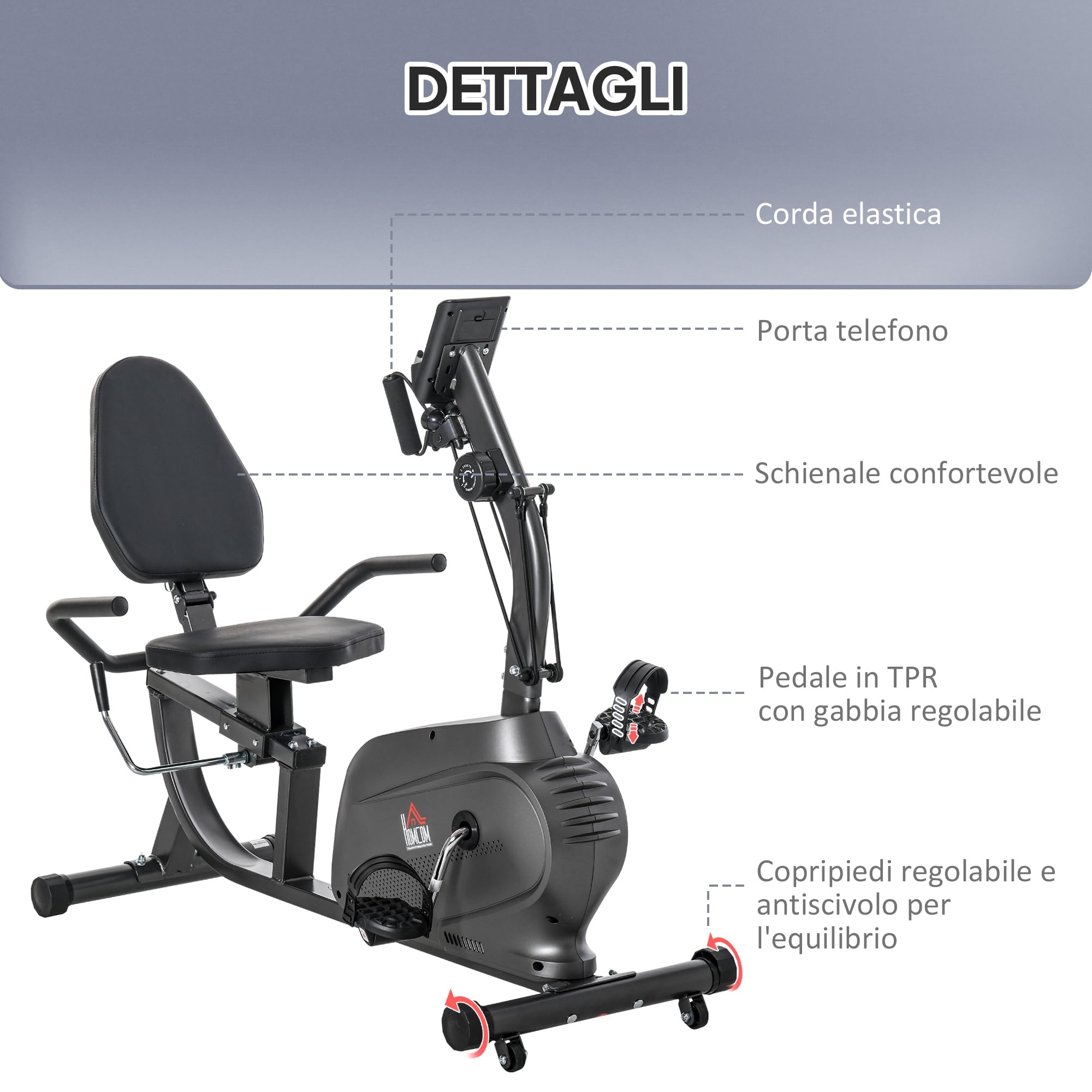 HOMCOM Cyclette Orizzontale con 8 Livelli di Resistenza e Seduta Regolabile, Cyclette Magnetica Professionale con Corde Elastiche e Porta Cellulare, Display LCD, per Riabilitazione Casa Anziani
