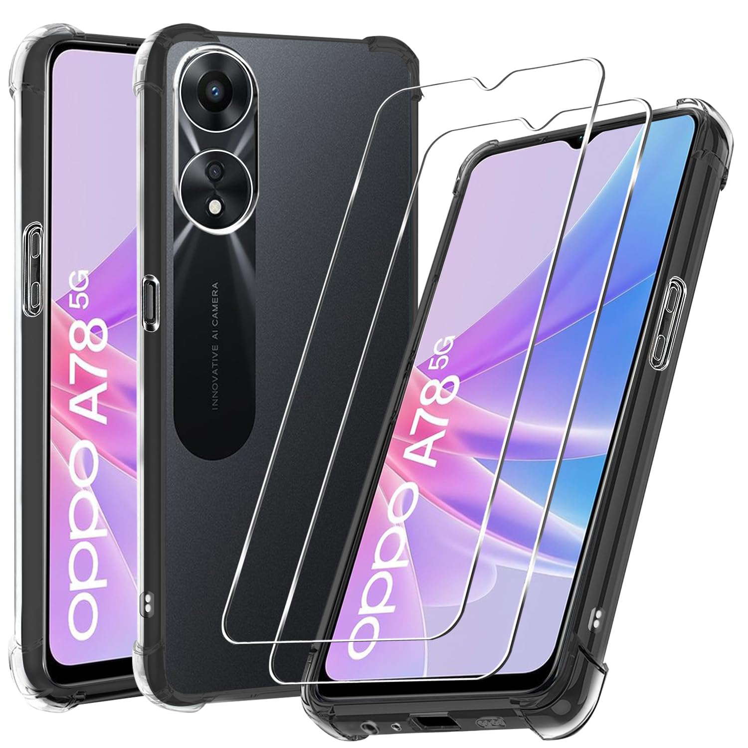 KUSINHOKA Cover Per Oppo A78 5G + 3 Pellicole Vetro Temperato - Custodia Rigida PC Antiurto Con Bordo Morbido TPU - Ultra Sottile E Trasparente