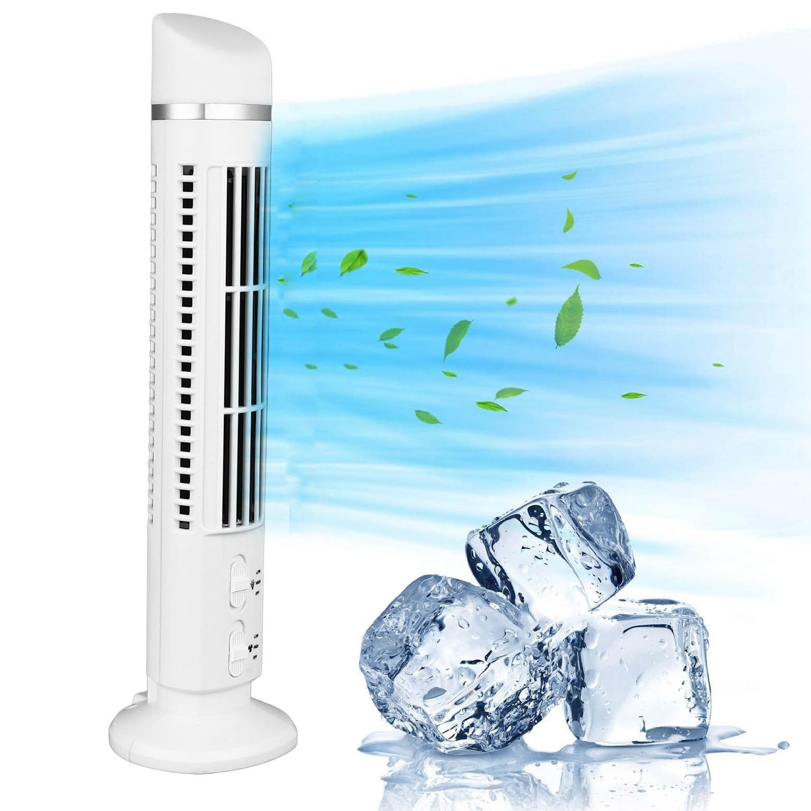 Vikye 4.1x13in Portable Tower Fan,90 Degree Oscillating Quiet USB Desk Fan with Light,2 Speed Silent Tower Fan for Home Bedroom Office (White)