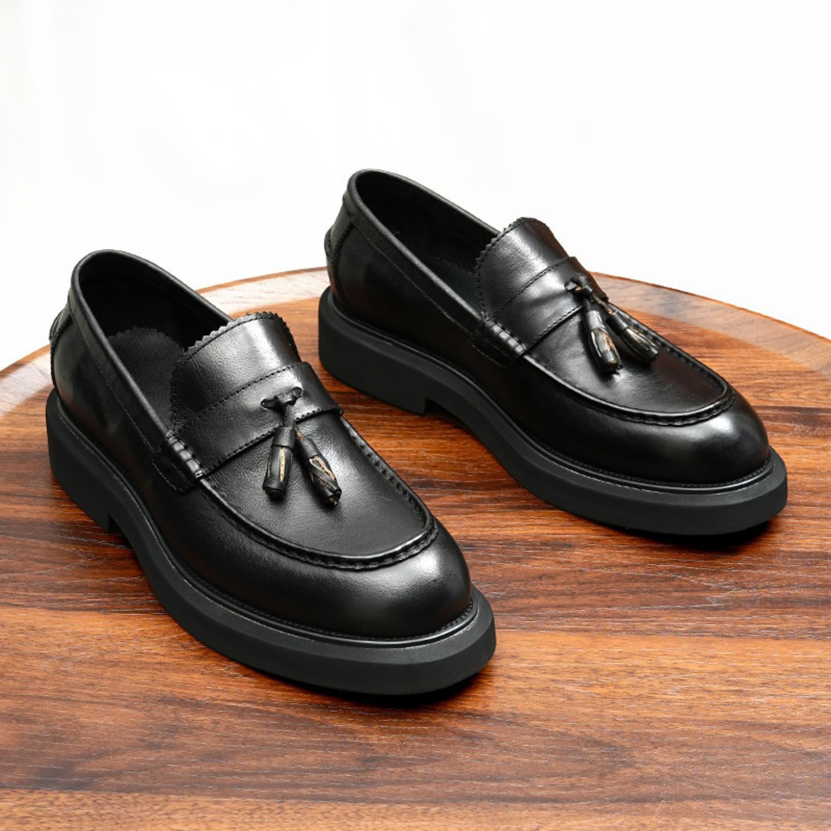 Genérico Mocasines Hombre Sin Cordones Cómodos Zapatos De Vestir De Negocios Punta Redonda con Plataforma Y Tacón Bloque Mocasines con Borlas para Conducir