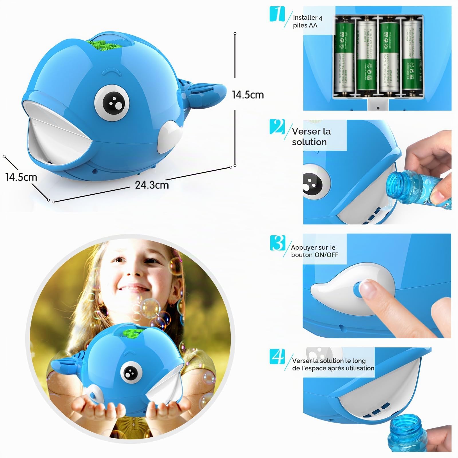 Machine a Bulles de Savon Enfant, Jouet Garçon Fille 3 4 5 6 7 8 Ans Appareil a Bulles Automatique Portable Souffleuse à Bulles avec 2 Bouteilles Cadeau Enfant Jeux Exterieur Jardin Plein Air, Baleine