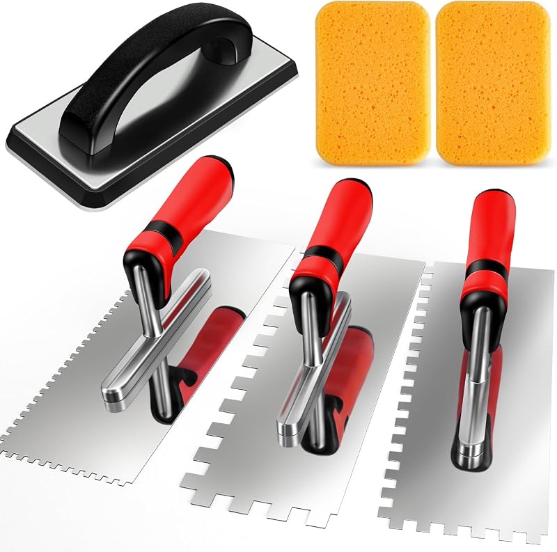 AuntyFey 6Pcs Tile Tools Set, Tile Trowel Concrete Tool, Notched Trowel | Grout Trowel, Grout Float Sponge for Tiling Installation Grouting, Tile Mortar Trowel