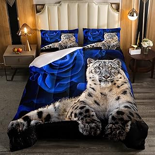 Erosebridal Snow Leopard Comforter Set Full Size, Blue Rose Flower Floral Bedding Set with Pillowcase for Kids Teen Adult Gift, Wild Animal Comforter Set Wildlife DuvetÂ Insert