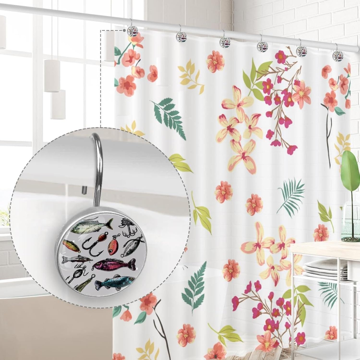 Various Fishing Lures Shower Curtain Hooks, Rustproof Shower Curtain Rings for Bathroom, Metal Decorative Shower Curtain Hooks Hangers for Shower Curtain Rod, Set of 12
