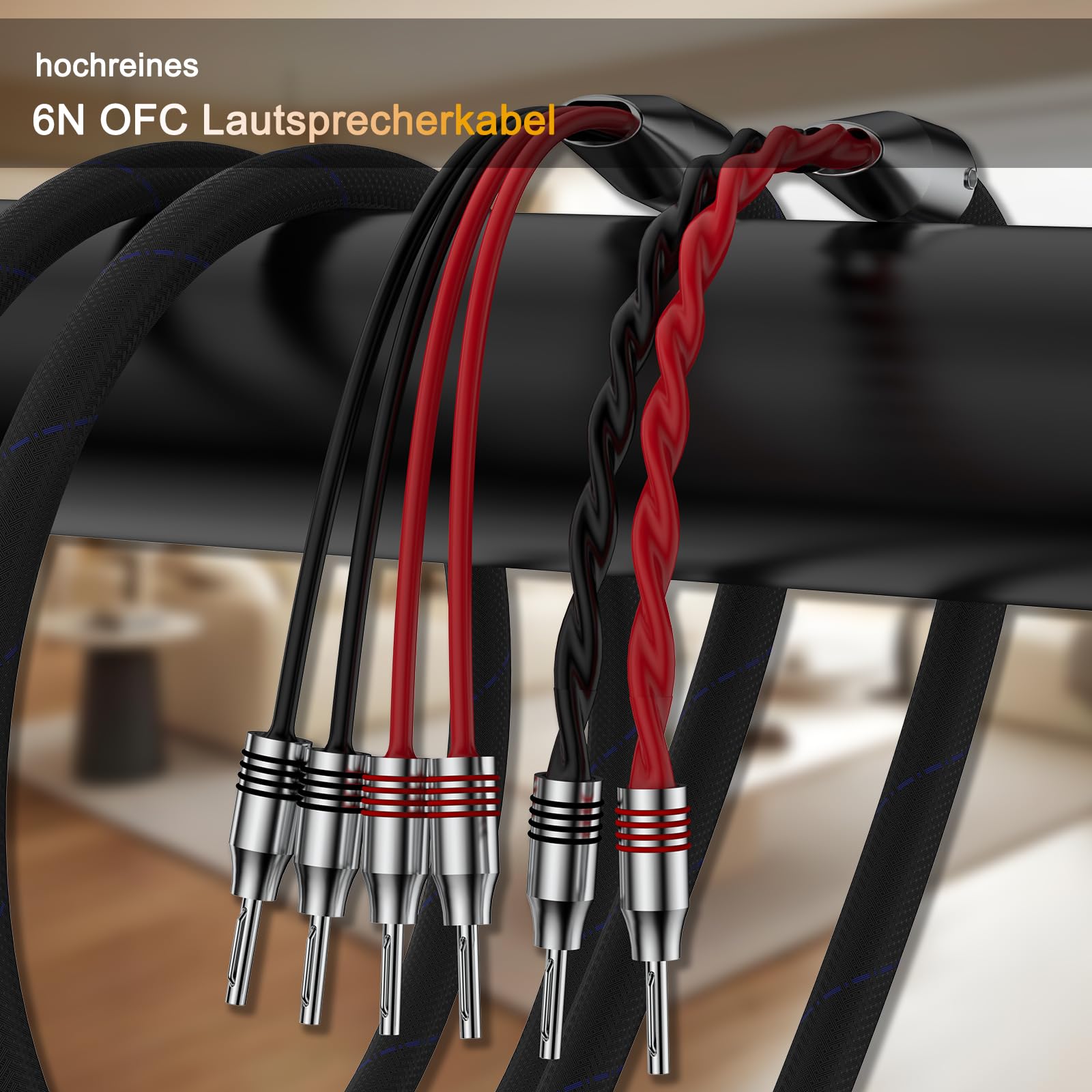 HiFi Biwire Lautsprecherkabel, 2 Bananen auf 4 Bananen Lautsprecherkabel Ein Paar flexible Kabel Vergoldetes mit hochwertigen Bananensteckern (3m)