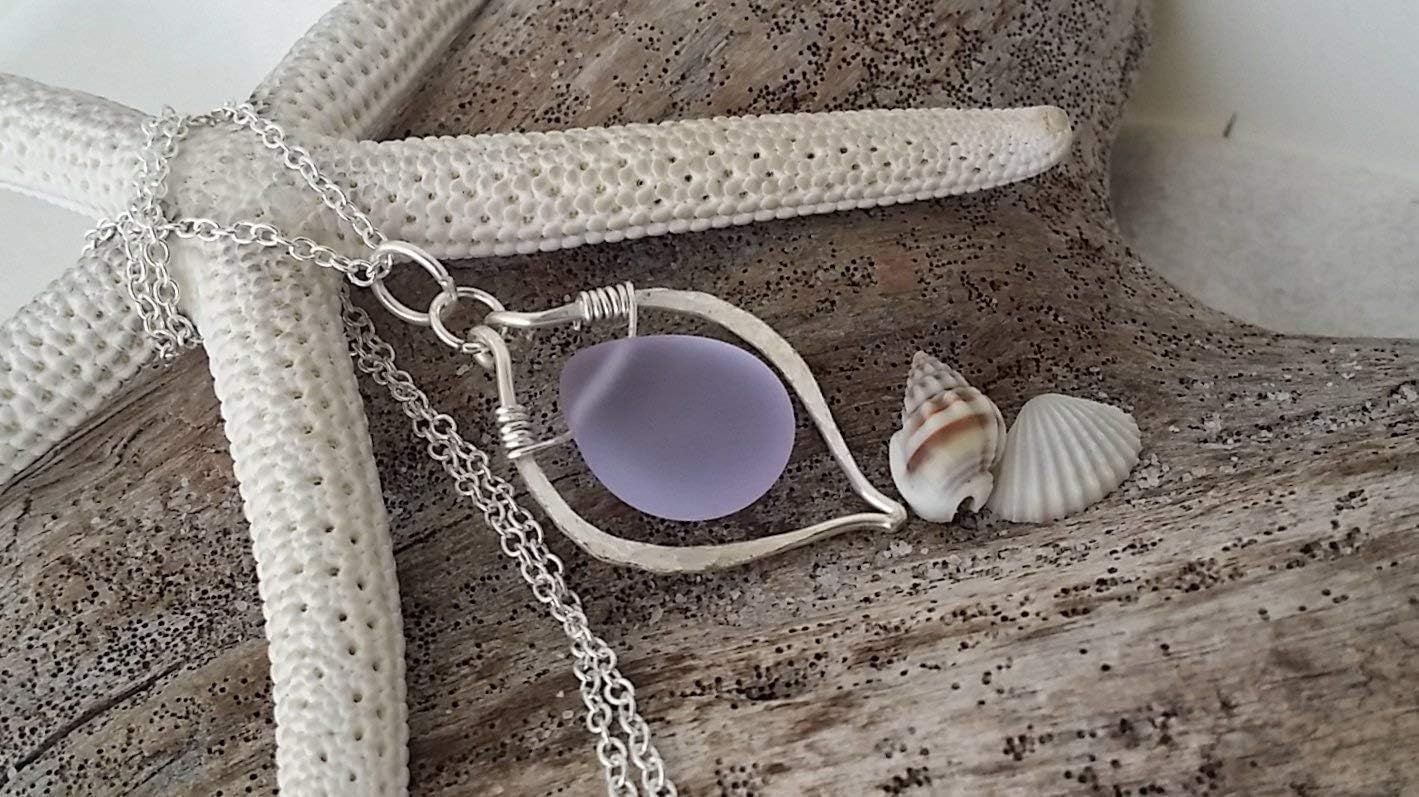 Handmade sea glass jewelry in Hawaii, Hammered wire loop Magical Color Changing purple sea glass necklace, February Birthstone, (Hawaii Gift Wrapped