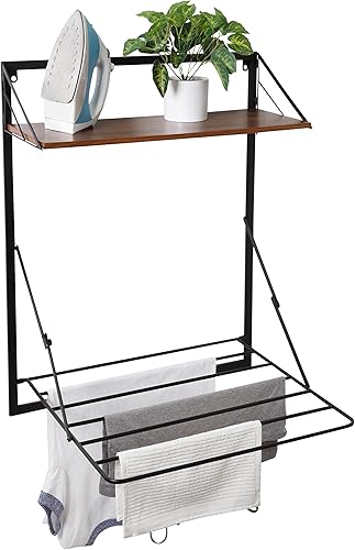 Miniatura 5 de Honey-Can-Do Tendedero plegable de pared con estante, negro/nogal DRY-09779 negro