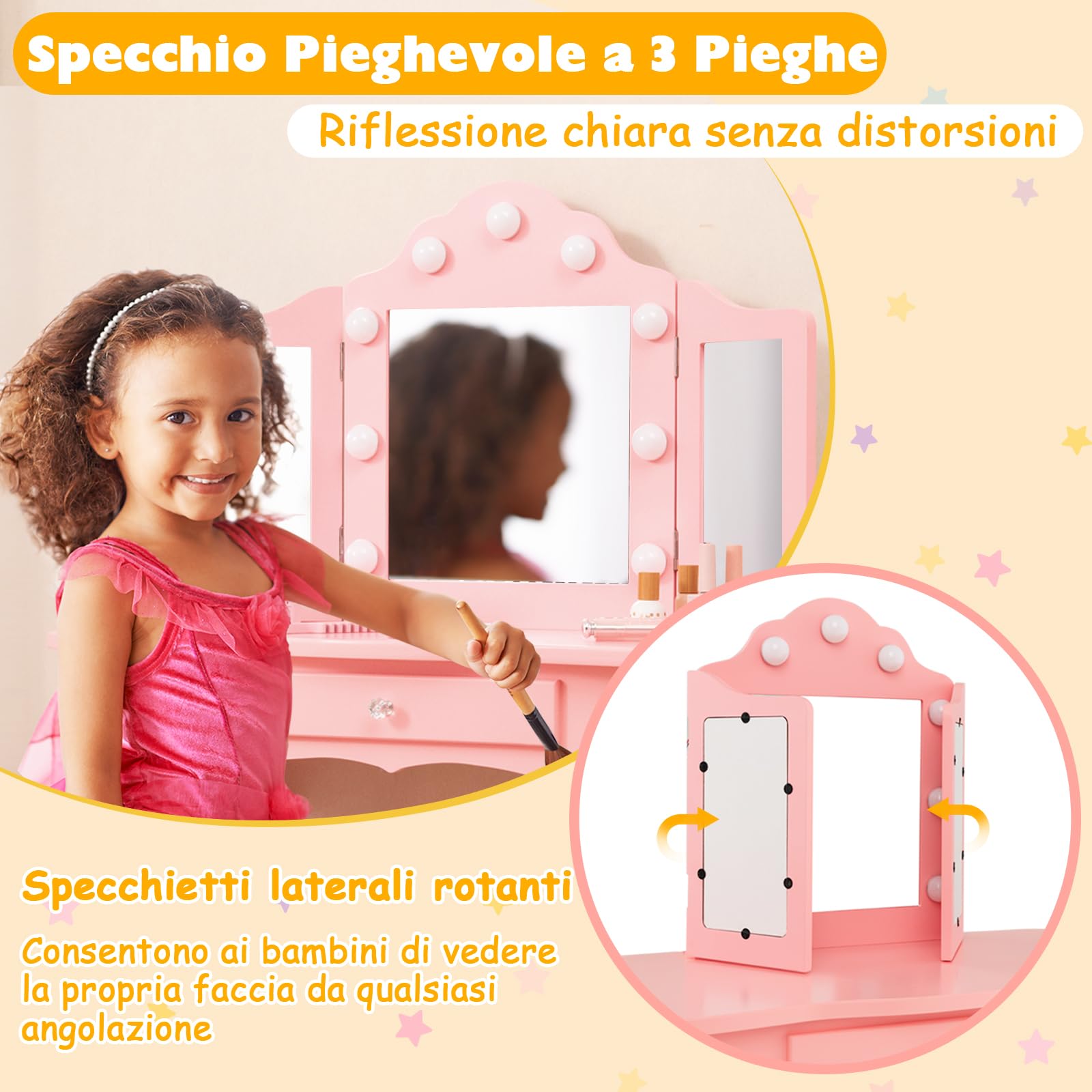 RELAX4LIFE Toeletta Trucco per Bambina con 9 Lampadine LED, 3 Colori di Luci, Specchiera Trucco con Sgabello, Toeletta in Legno, Specchio Rimovibile, per Bambini 3+ Anni (Rosa, L)