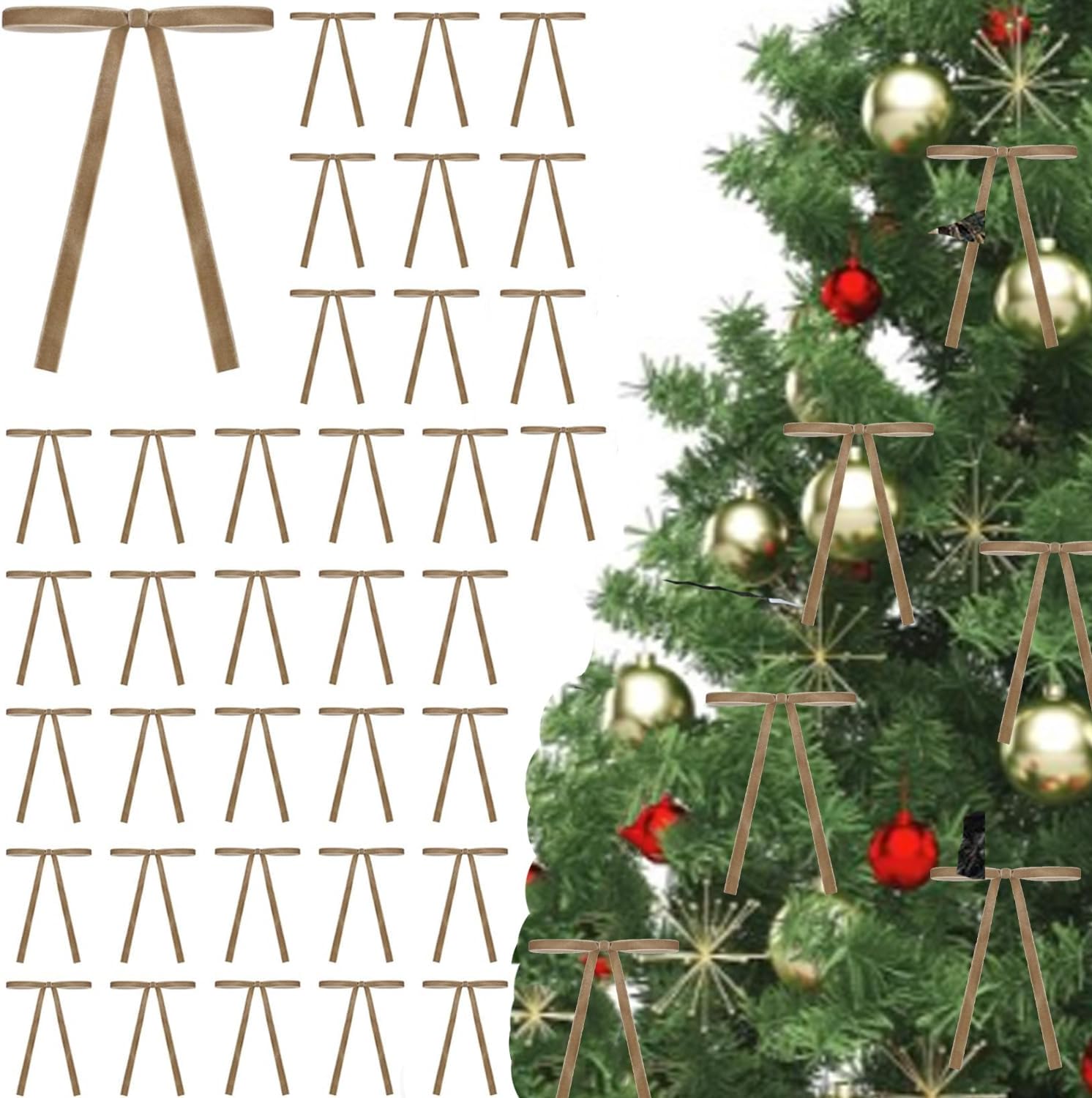 Velvet Bow Christmas Tree Bows Door Garland Decor Vintage Wreath Bow 5 * 7 Inch (Khaki, 36pcs)