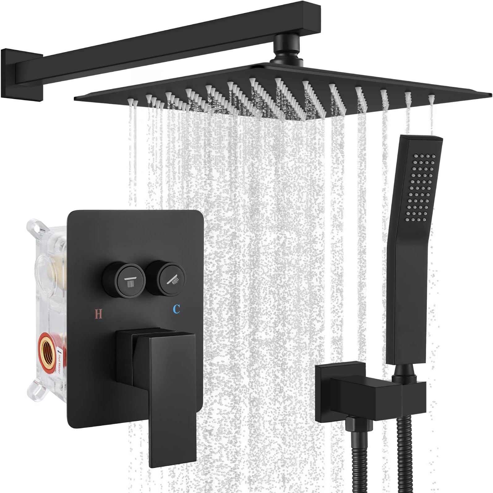 gotonovoPush Button Rain Shower System Rainfall Shower Head with Handheld Shower Wall Mount Pressure Balance Valve Included Dual Functions Luxury Shower Faucet Set 12 Inch Matte Black