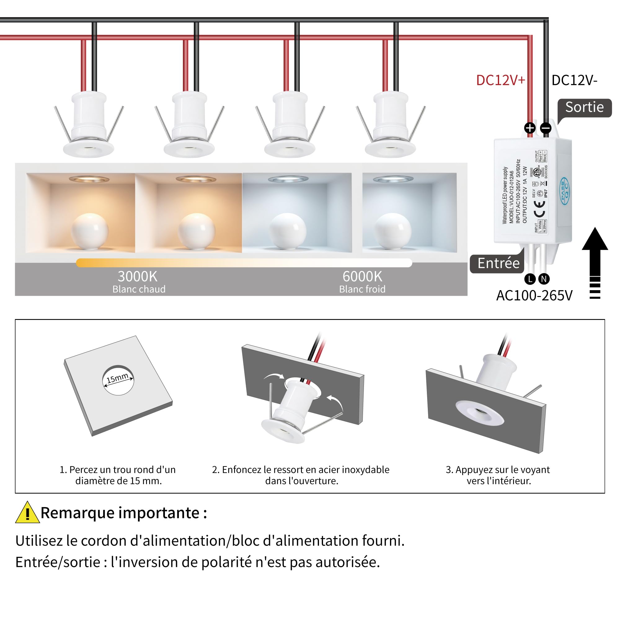 9 pcs Mini Spot LED Encastrable 12V 1W, IP65 Étanche Petite Taille Lampes Avec Transfo 220V, 15mm Pointeur Éclairage Encastré Pour Meuble Veilleuse Armoires Escaliers(Blanc Chaud 30°)
