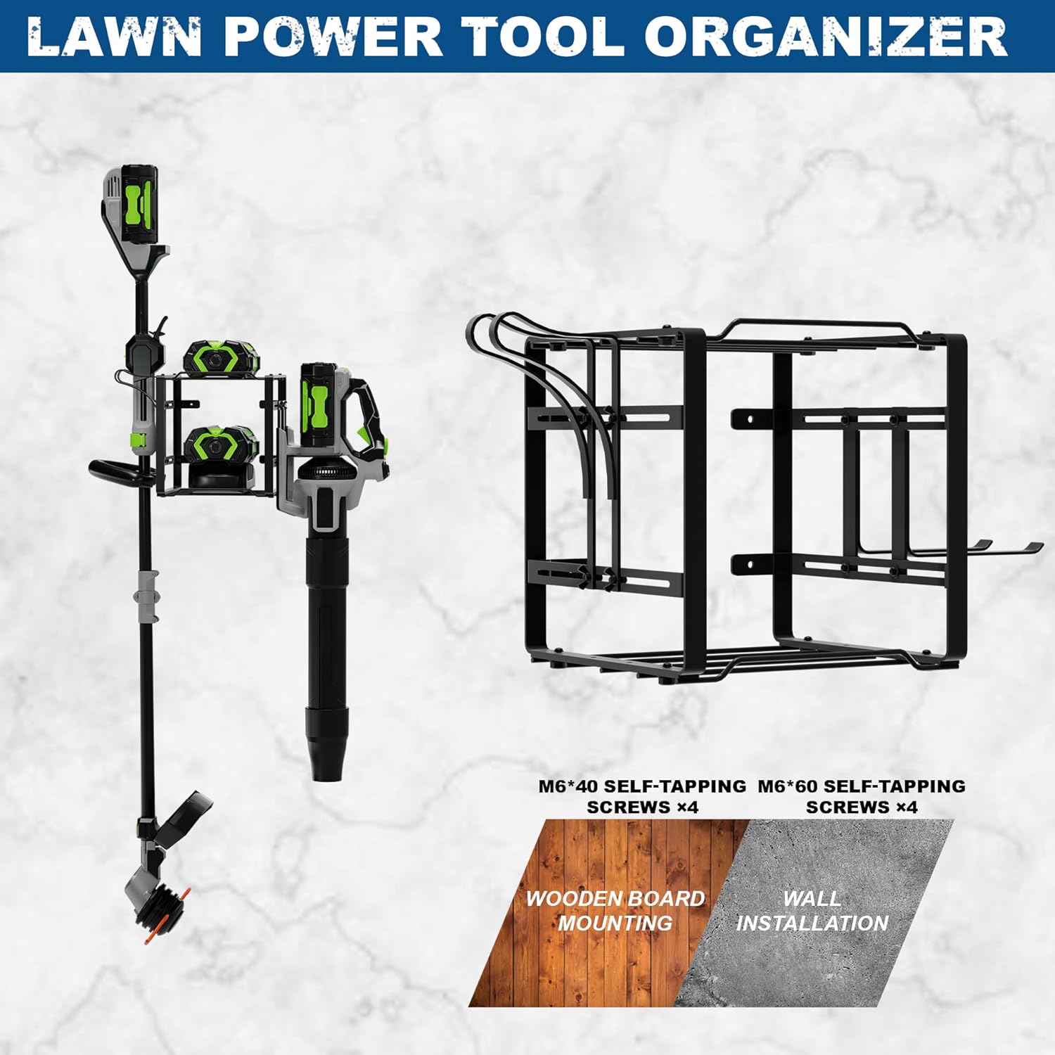 Pugala Universal Storage Rack for Leaf Blower, Weed Eater, and Power Tools – Adjustable Wall Mount Organizer with Heavy-Duty Steel, Powder-Coated Finish, and Battery Storage – Black