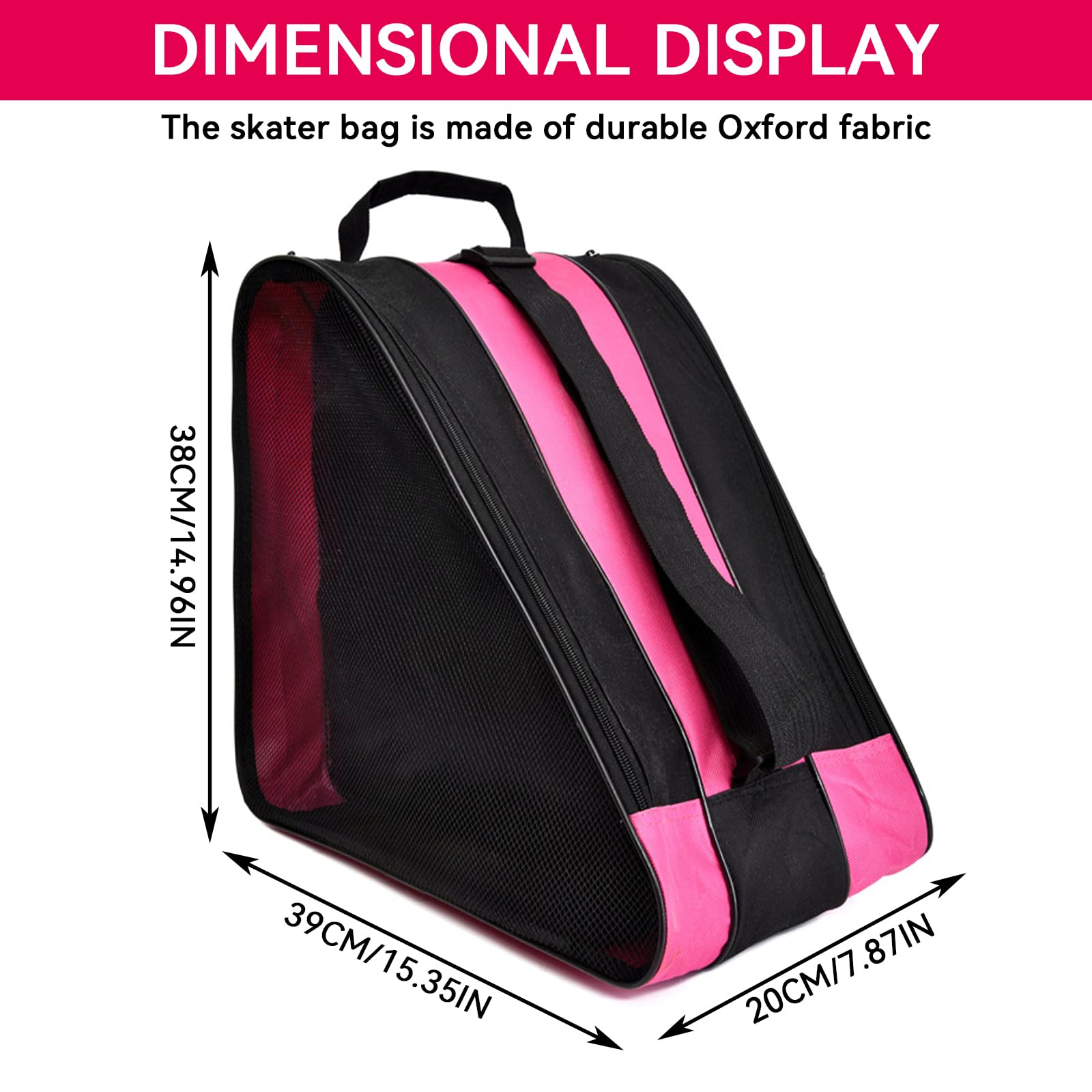Sac de Patin à Roulettes, Design à Trois Compartiments Sac de Chaussures de Patinage, Sac à Patins avec Maille Respirante, Sac Roller Sac de Patin à Glace Unisexe avec Bandoulière Réglable (Rose)